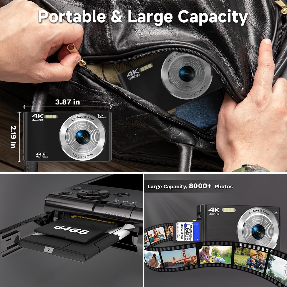 Fotocamera digitale 4K, 2026, fotocamera nera per adolescenti, autofocus, fotocamera digitale per bambini con zoom 16X, scheda SD da 64 GB, piccola fotocamera compatta per ragazzi, ragazze
