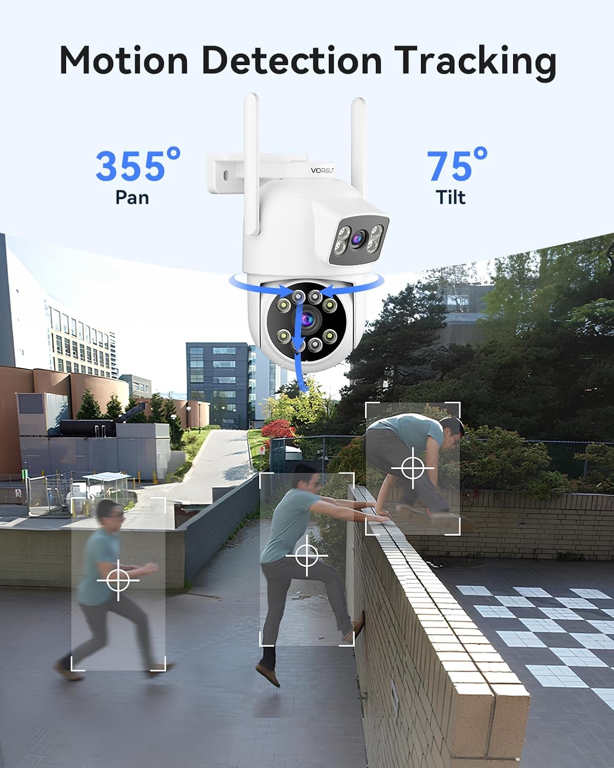 Security Camera System Wireless Outdoor with 12" Monitor, 2pcs 2K Dual Lens Cameras for Home & Business Surveillance, 360° PTZ, 2.4G/5G WiFi, Human Detection, Auto Tracking, 16CH NVR, 500G HDD