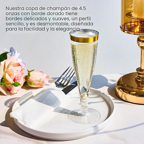 Vista 4 de FOCUSLINE Paquete de 100 Copas de Champán de Plástico, Copas de Champán de Plástico con Borde Dorado de 4.5 Onzas, Copas Transparentes Desechables