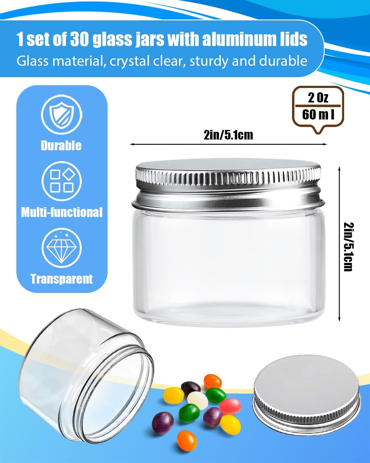 Glass Jar With Lid, 30 Pack 2 Oz Glass Jars With Airtight Lid Empty Cosmetic Containers Small Glass Jars With Lids For Cream, Lotions, Ointments, Herbs, Spices And Wedding Favor