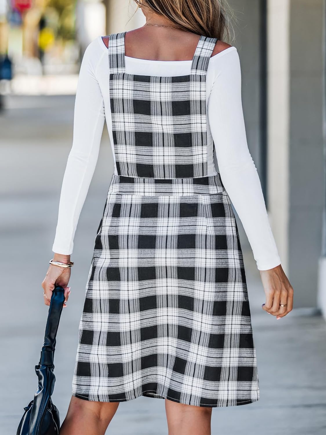 CUPSHE Women's Fall Dresses Plaid Button Square Neck A Line Casual Pinafore Overall Midi Dress - Image 2