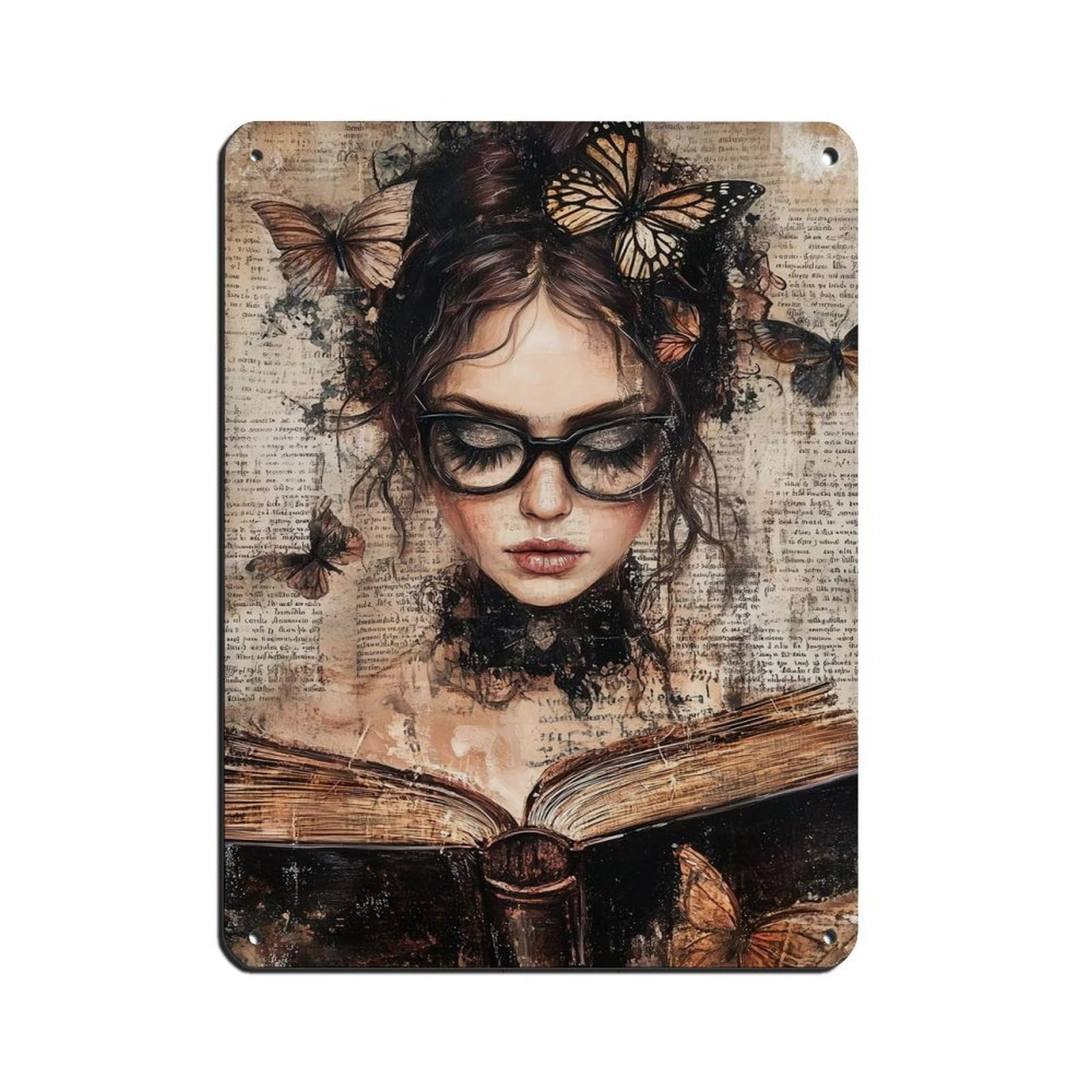 Reading Woman Poster, Feminine Scholar Retro Poster Metal Tin Sign Chic Art Retro Iron Painting Bar People Cave Cafe Family Garage Poster Wall Decoration 12x16inch(30x40cm)