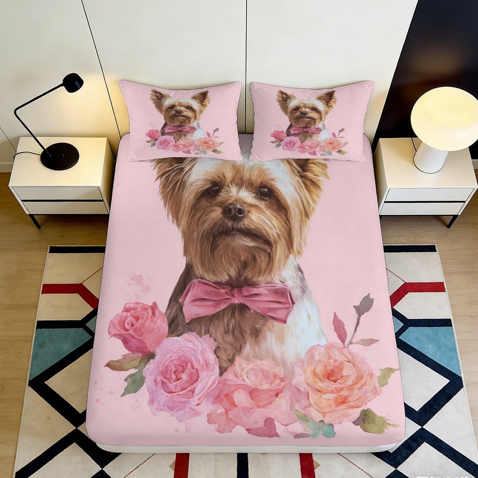 3D Printed Yorkshire Terrier Floral Fitted Sheet Microfiber Pink Dog Bed Cover Slip-Resistant Machine Washable Decor 90x200x25cm