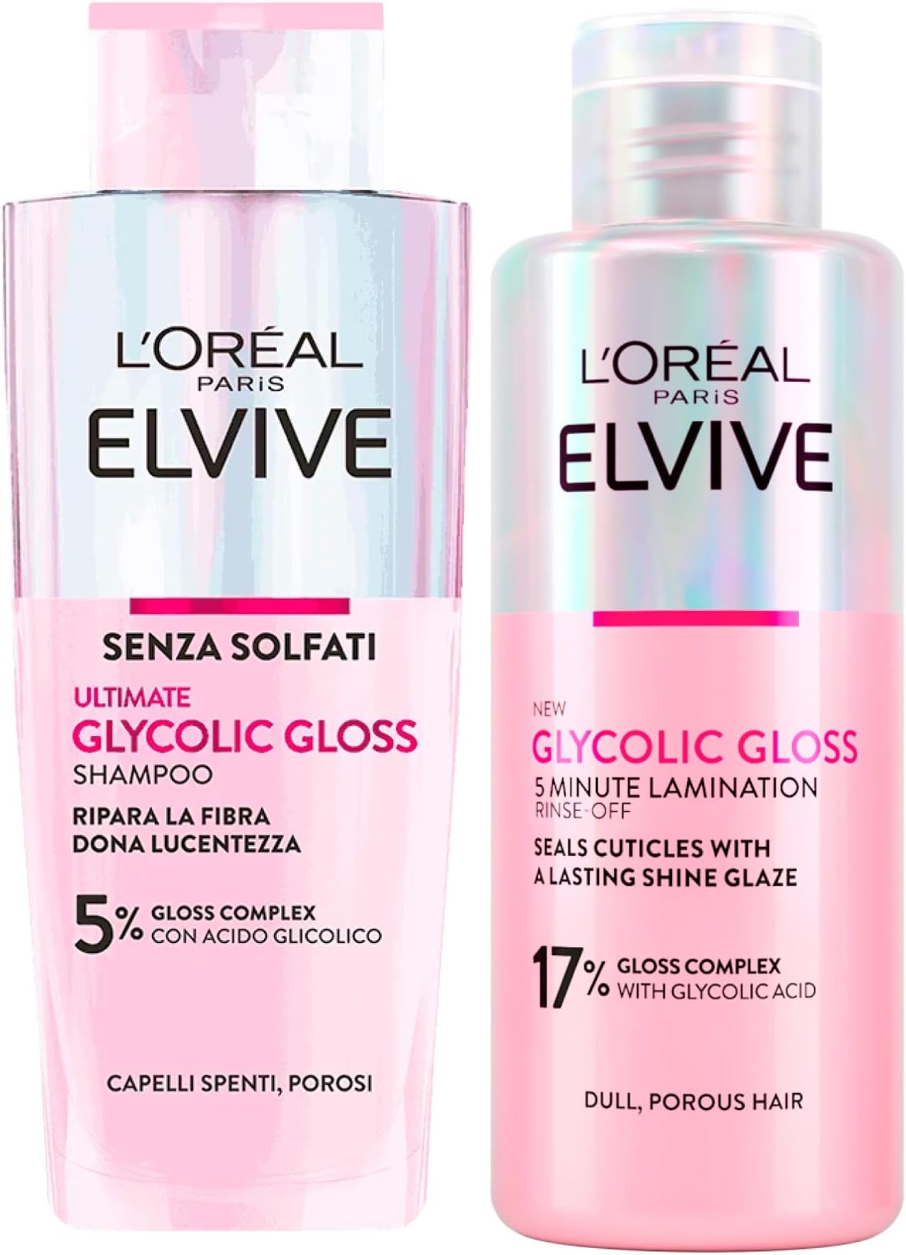 L'Oréal Paris Elvive Glycolic Gloss Shampoo for Porous and Dull Hair 200 ml + 5-Minute Laminating Treatment Seals Cuticles and Gives Intensive Shine 200 ml Elvital Glycolic Shine - 2 Bottles