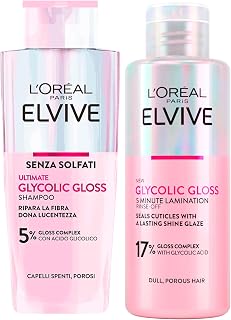 L'Oréal Paris Elvive Glycolic Gloss Shampoo con Acido Glicolico per Capelli Porosi e Spenti da 200ml + Trattamento Laminazione 5 minuti Sigilla Cuticole e Lucentezza Intensa da 200ml - 2 Flaconi