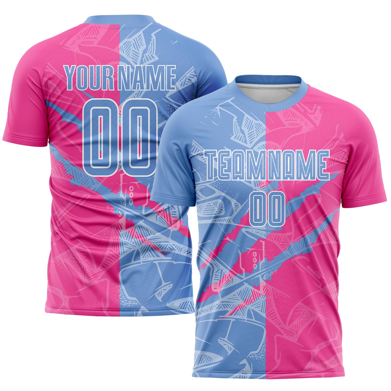 Custom Soccer Jersey Sports Team Training Soccer Uniforms Personalized Printed Name Number Logo Soccer Shirts Shorts for Adult Youths, Design Your Own Light Blue Pink Scratch Pattern Soccer Fan Jersey
