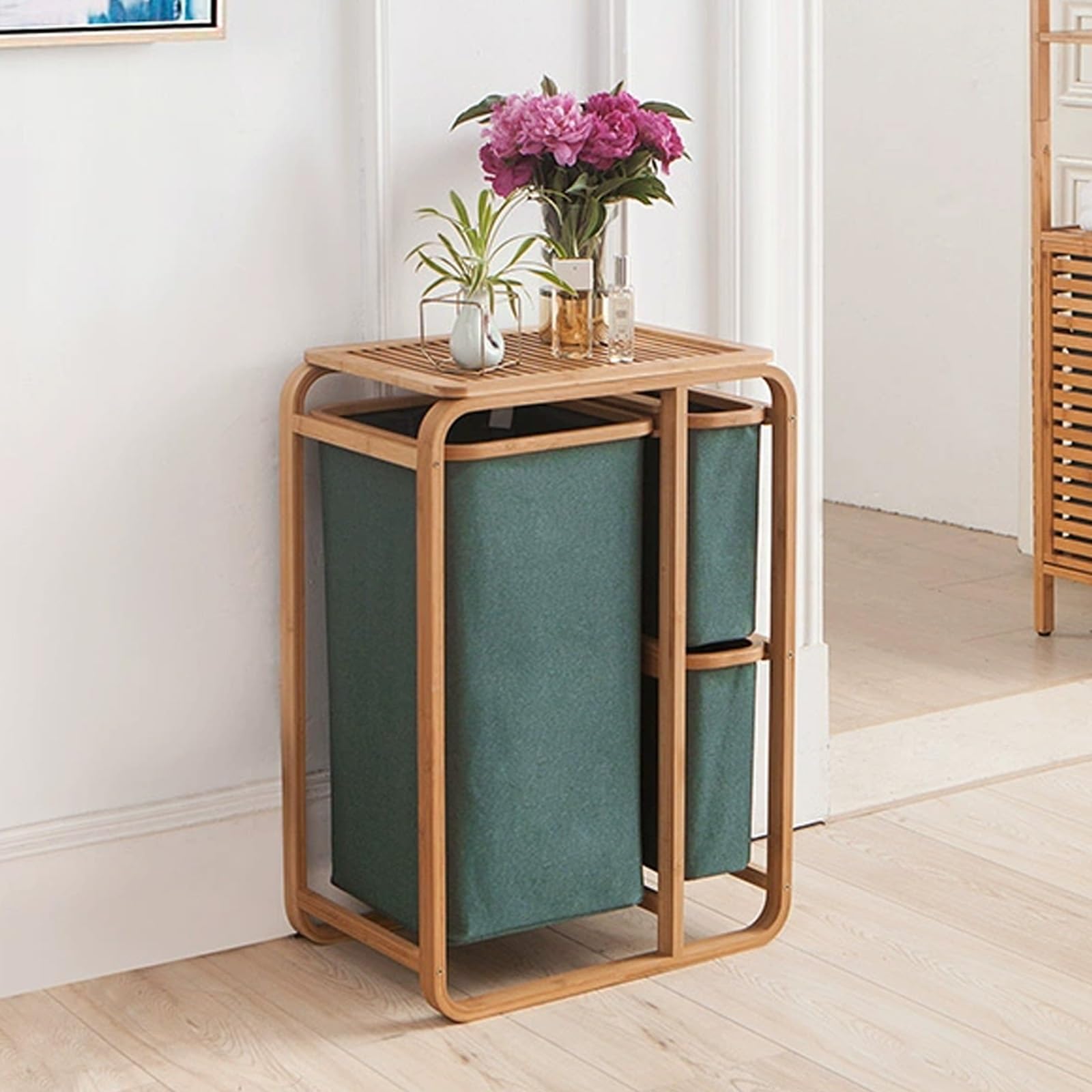 Folding Laundry Basket Household Storage with 3 compartments,large sorter with wooden tray,with removable sorting bags,stylish solution for home