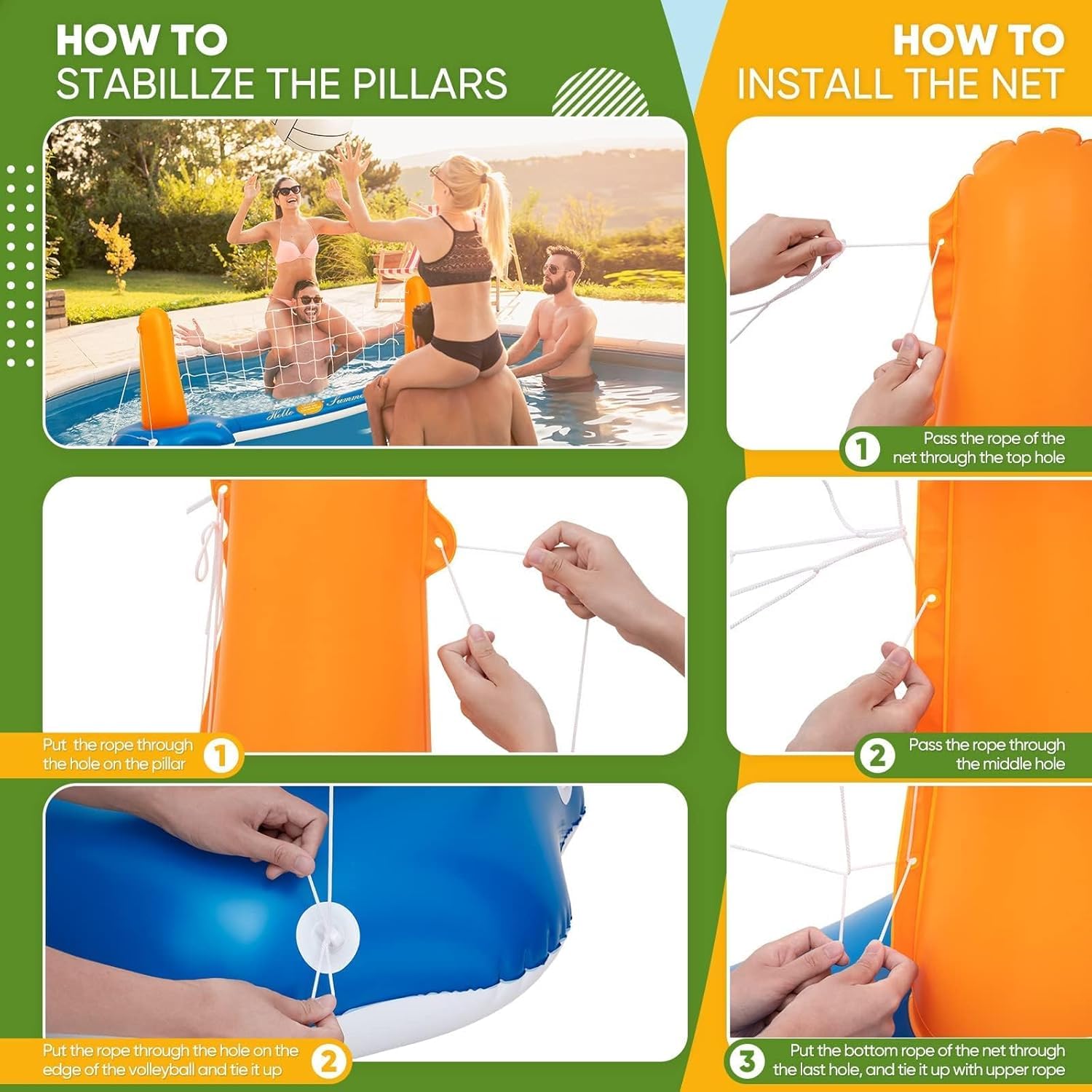 Juego de voleibol de piscina y aro de baloncesto, red de voleibol de piscina más grande de 125 pulgadas para enterrar, incluye 2 bolas y 2 bolsas de peso, juego de juguetes de piscina para
