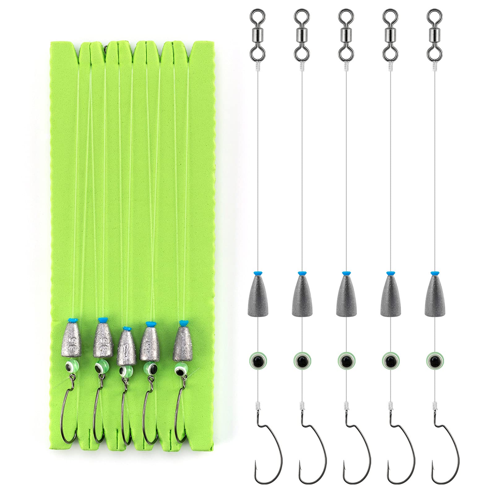Dr.Fish 10 Pack Drog Shot Rig/ Texas Rig with Rolling Barrel Swivel Hook Leader Bullet Weight Snell Fluorocarbon Fishing Line Sinker Plastic Worm for Bass Fishing Wacky Freshwater