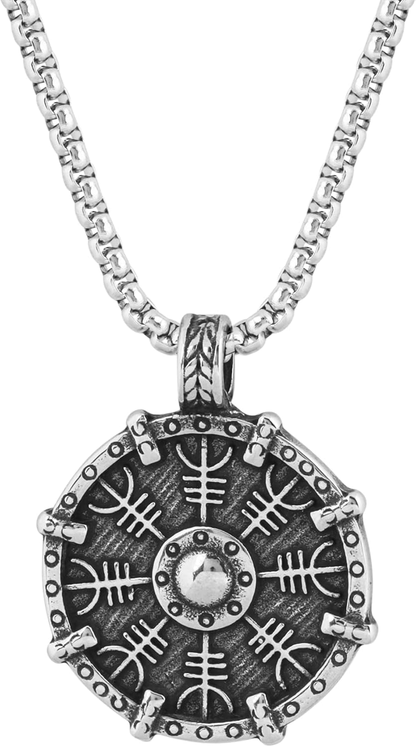 HAQUIL Viking Necklace for Men, Viking Helm of Awe Protection Talisman Pendant, Box Chain, Viking Jewelry Gift
