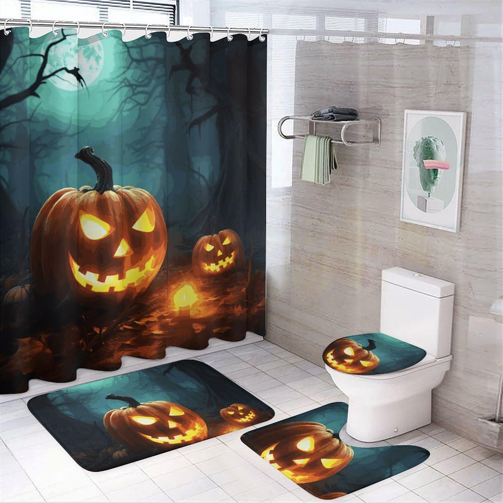 Tapis de douche citrouilles et rideau Happy Halloween pour votre bain