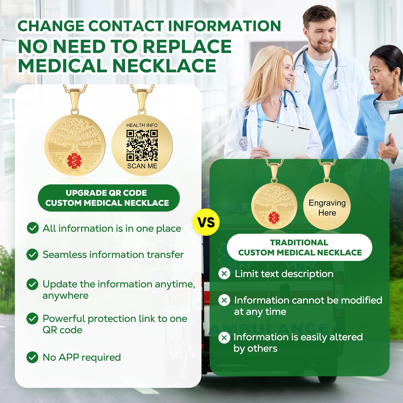 Collar de alerta médica para hombres y mujeres, collar médico de 19 pulgadas grabado con código QR, collar de identificación médica, más espacio personalizado en línea información médica