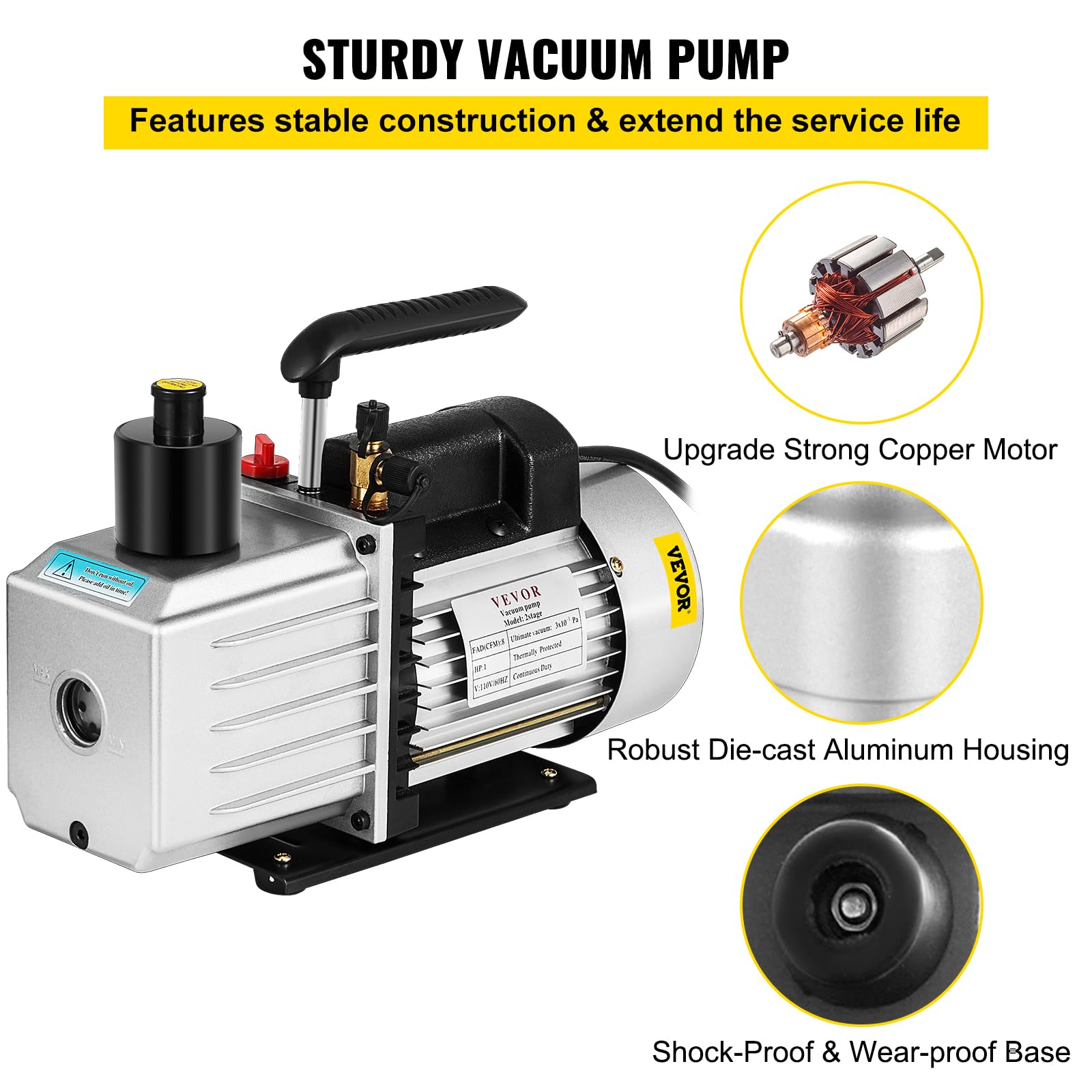 VEVOR Vakuumpumpe 8 CFM 3/4 HP Zweistufige Klimaanlagen-Vakuumpumpe 220V 0,3 PA Ultimatives Vakuum Kältemittel HVAC Werkzeug für Automobile Reparatur Vakuum Evakuierung