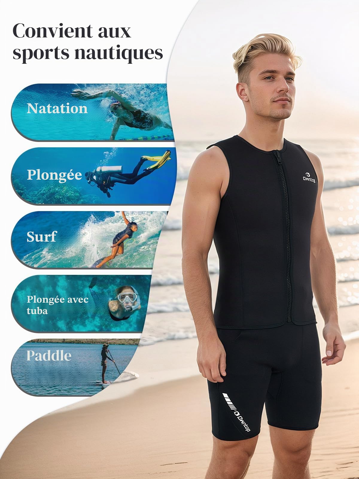 Owntop Haut de combinaison de plongée pour homme et femme | Gilet thermique sans manches en néoprène de 3 mm | Veste de plongée chaude et confortable | Surf, plongée avec tuba, natation, plongée