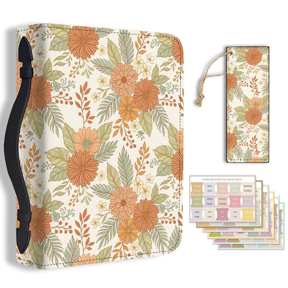 Hobbspring Chrysanthemums Bible Cover Case for Men Women Flower Floral Bible Cover with Bookmark Beautiful Carrying Book Cases with Handle and Zipper PU Leather Bag for Adults Students(Orange)