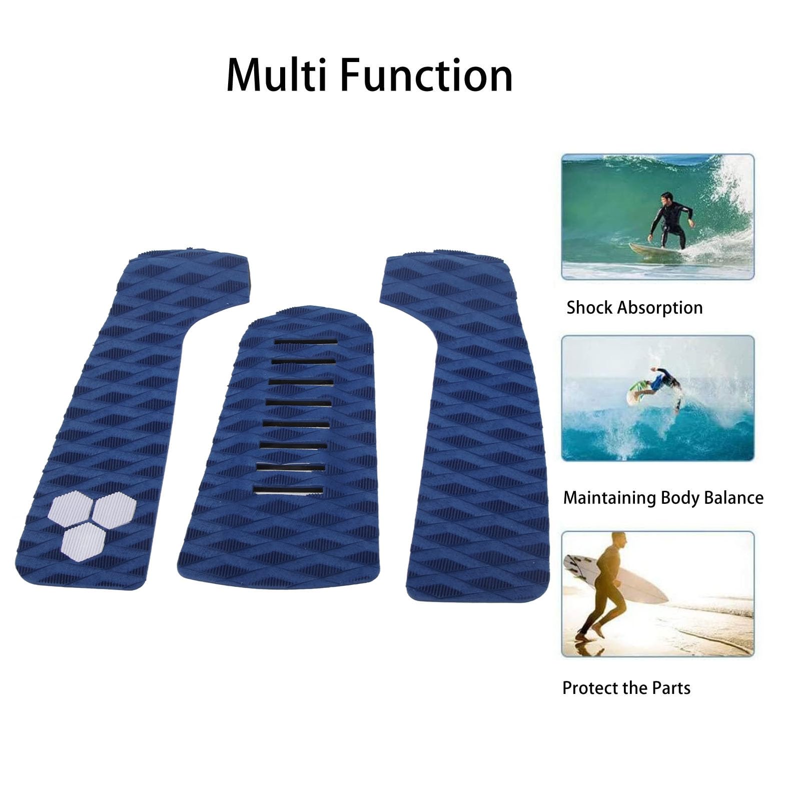 flexman 3Pcs Surf Deck Traction Pad, EVA Surfboard Deck Traction Pads for Kayaking, Canoeing, Paddleboarding (Blue)
