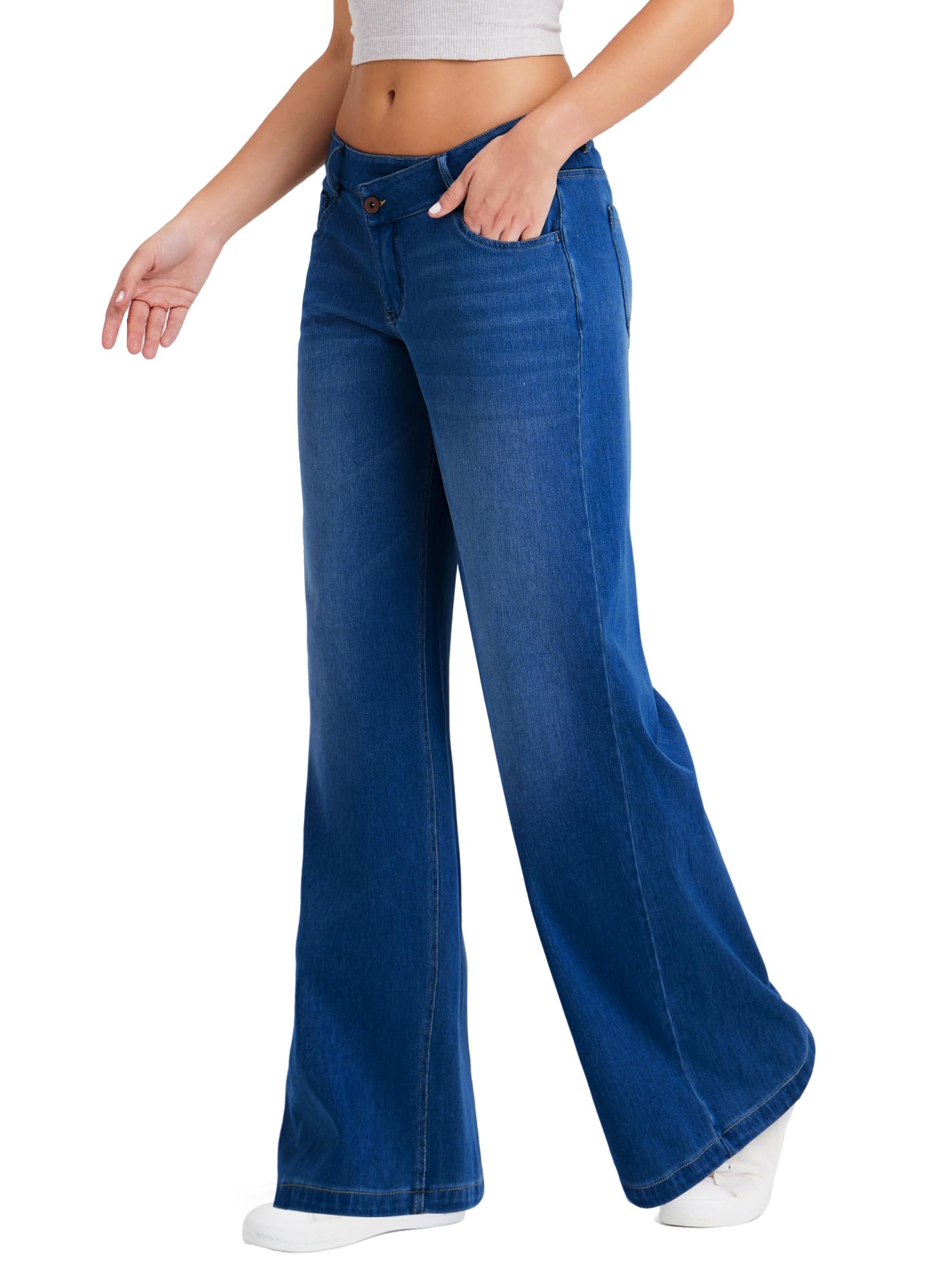 LaiEr Jeans à Jambe Large pour Femmes,Design Unique de Taille à Fermeture éclair,Coupe Droite,Coupe Ample,Pantalon en Denim à Haute élasticité adapté pour des Occasions décontractées.