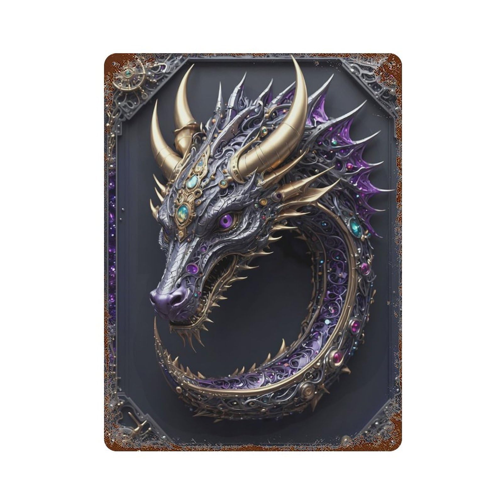 Rust Effect Amethyst Dragon Portrait Rusty Metal Tin Sign 15.7"x11.8", Old School Wall Decor for Cafe, Home Bar And Lounge Decor