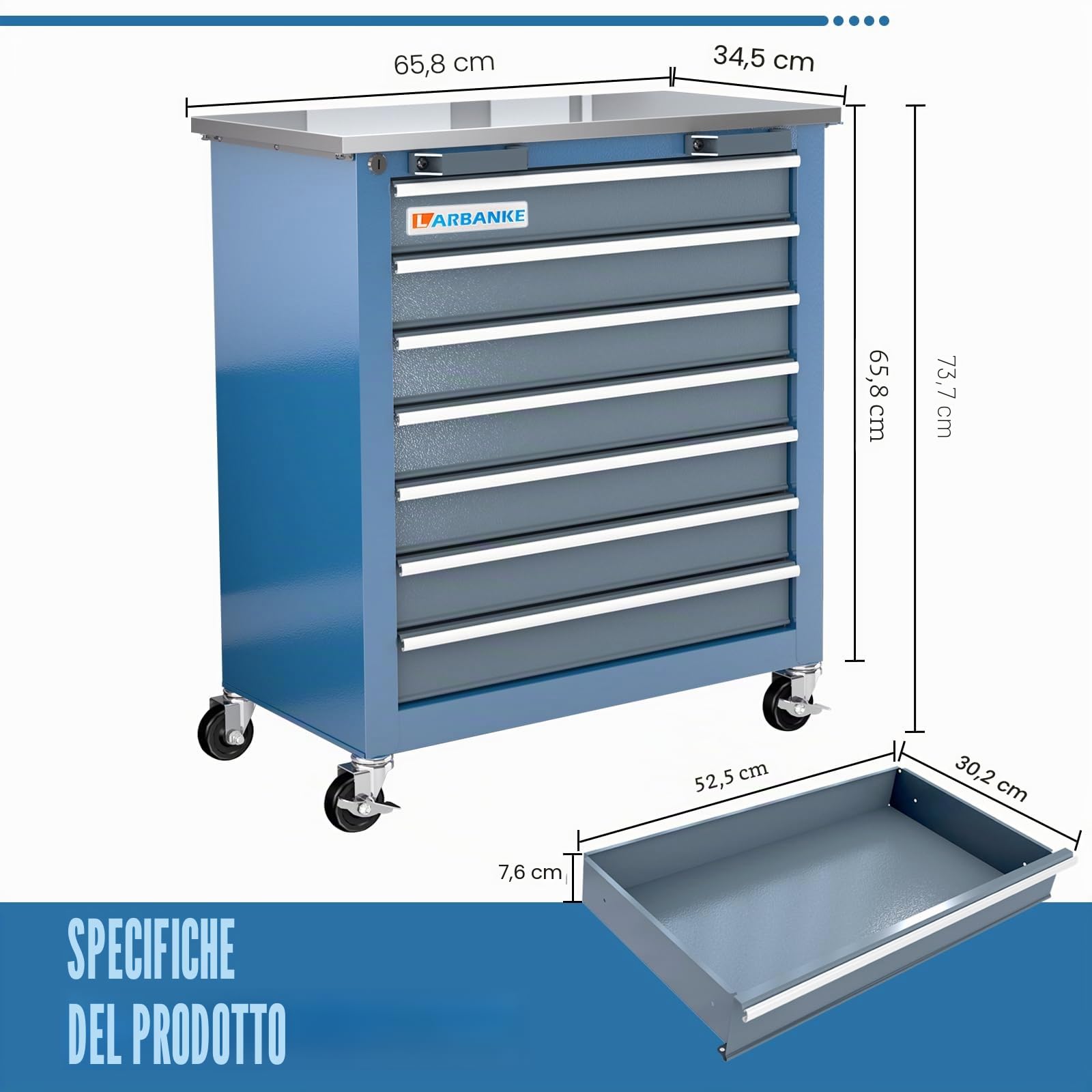 LARBANKE Carrello Portautensili con 7 Cassetti,Carrello de Officina con ruote a 360°, Armadio Portautensili con piano di lavoro in acciaio inox, Porta Attrezzi Officina con sistema di bloccaggio