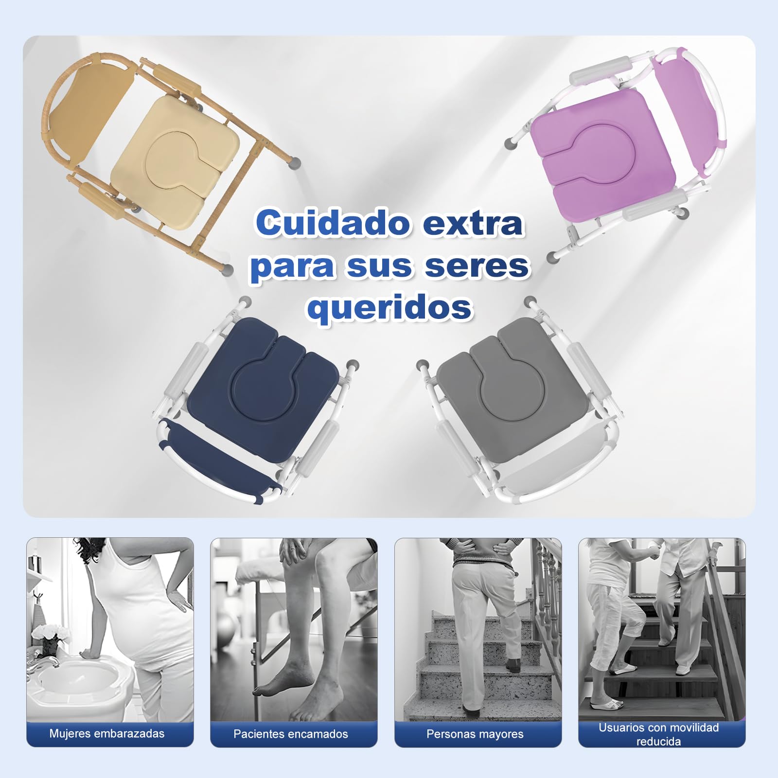 supregear Silla de Baño Plegable, Taburete de Ducha con Altura Ajustable Y Cubo Extraíble, Asiento Acolchado Y Mecanismo de Seguridad, Para Personas Mayores O Discapacitadas, Gris