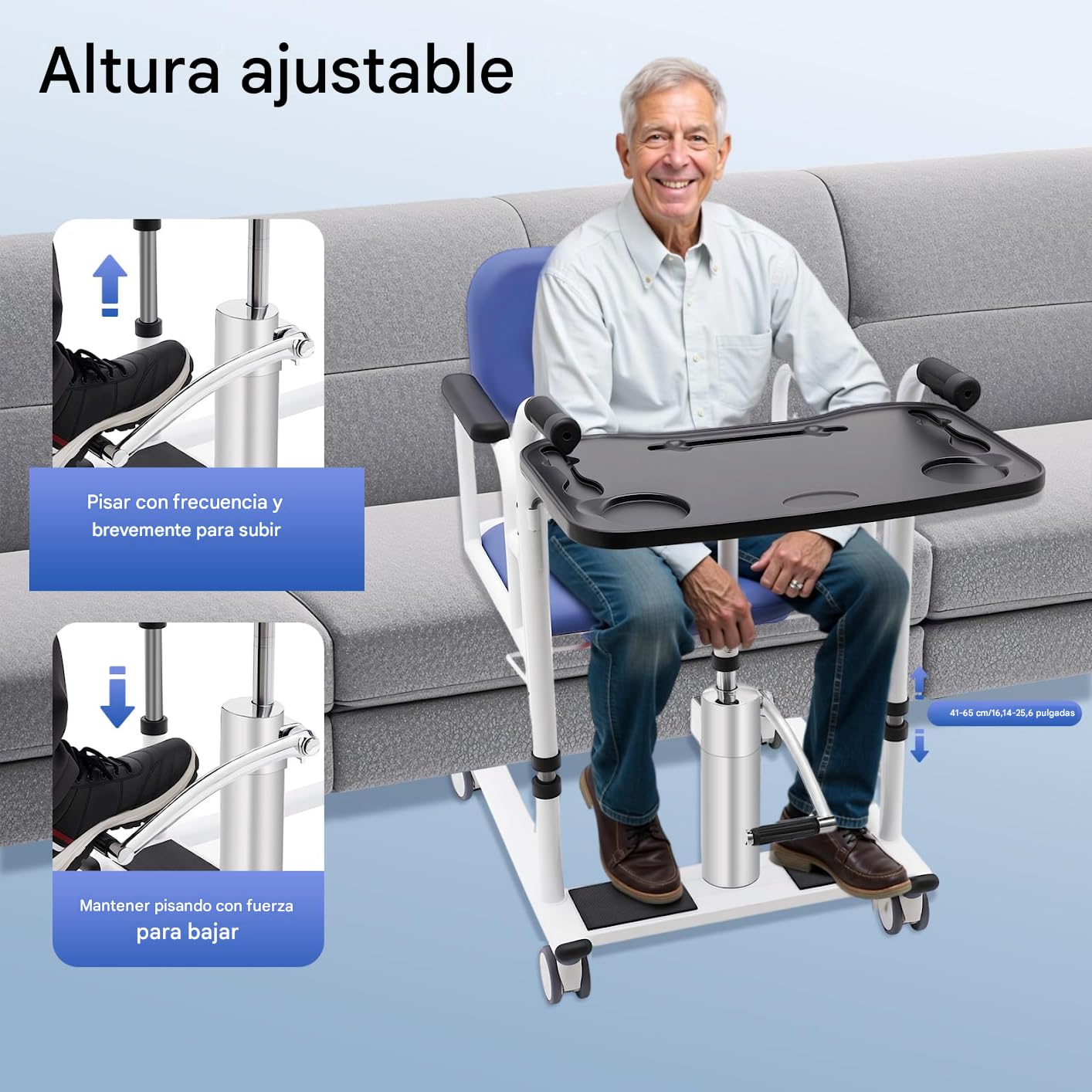 Silla elevadora hidráulica para pacientes, plegable 180°, altura ajustable, capacidad de carga de 150 kg, silla de ruedas multifunción con ruedas de freno, para personas mayores y discapacitadas