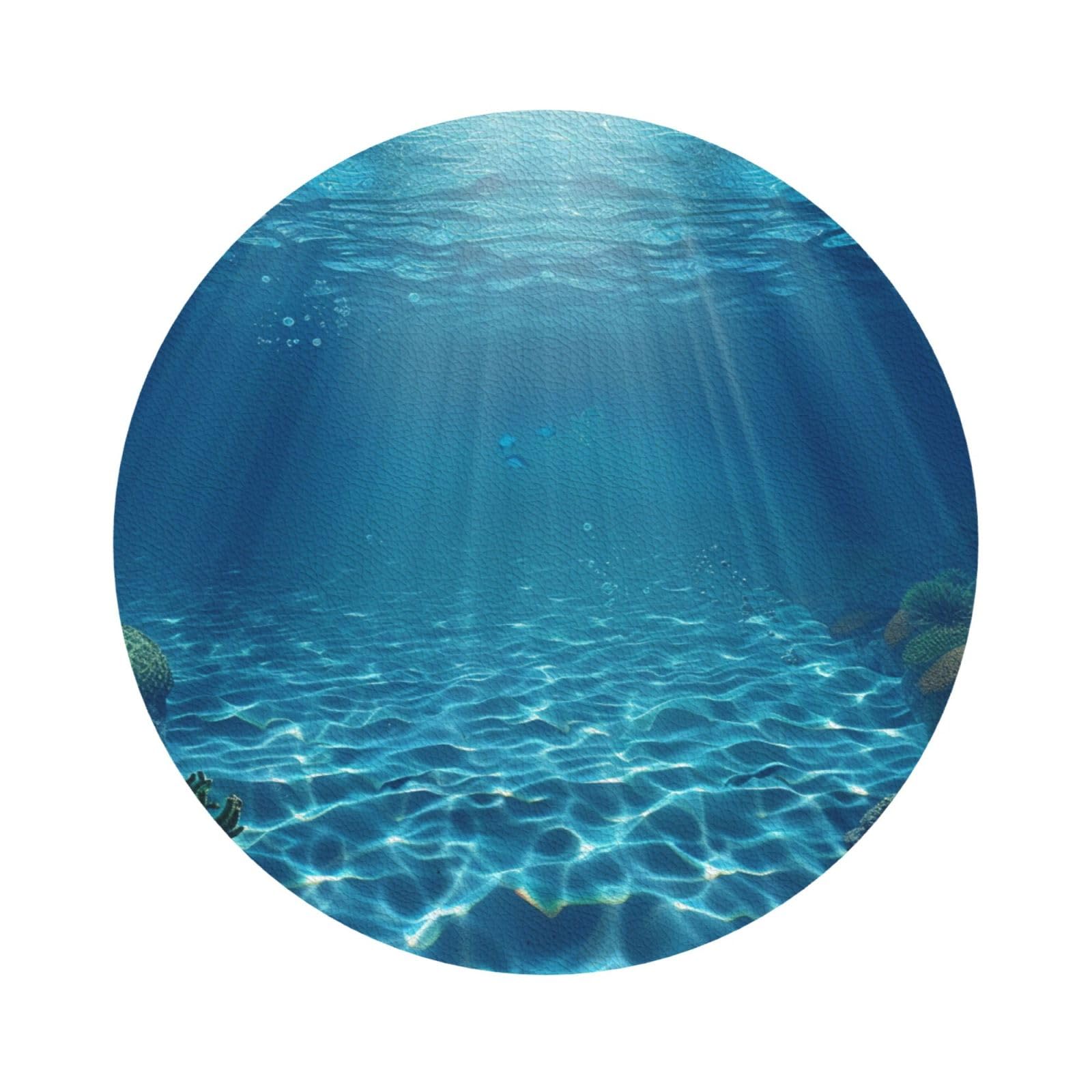 Tranquil Underwater Scenery Print Leather Coaster Set of 6, Round Shape Coasters Table Decorative Coffee Cup Beverage Coasters Wine Beer Bar Coasters for Hot Drinks Table Protection