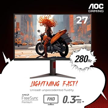 AOC 27 Curved Gaming Monitor, FHD 1080p, 280Hz (DP) 240Hz (HDMI), 0.3ms MPRT, VA Panel 1500R, AMD FreeSync Premium, HDR Ready, Height Adjustable, DisplayPort HDMI C27G4ZH