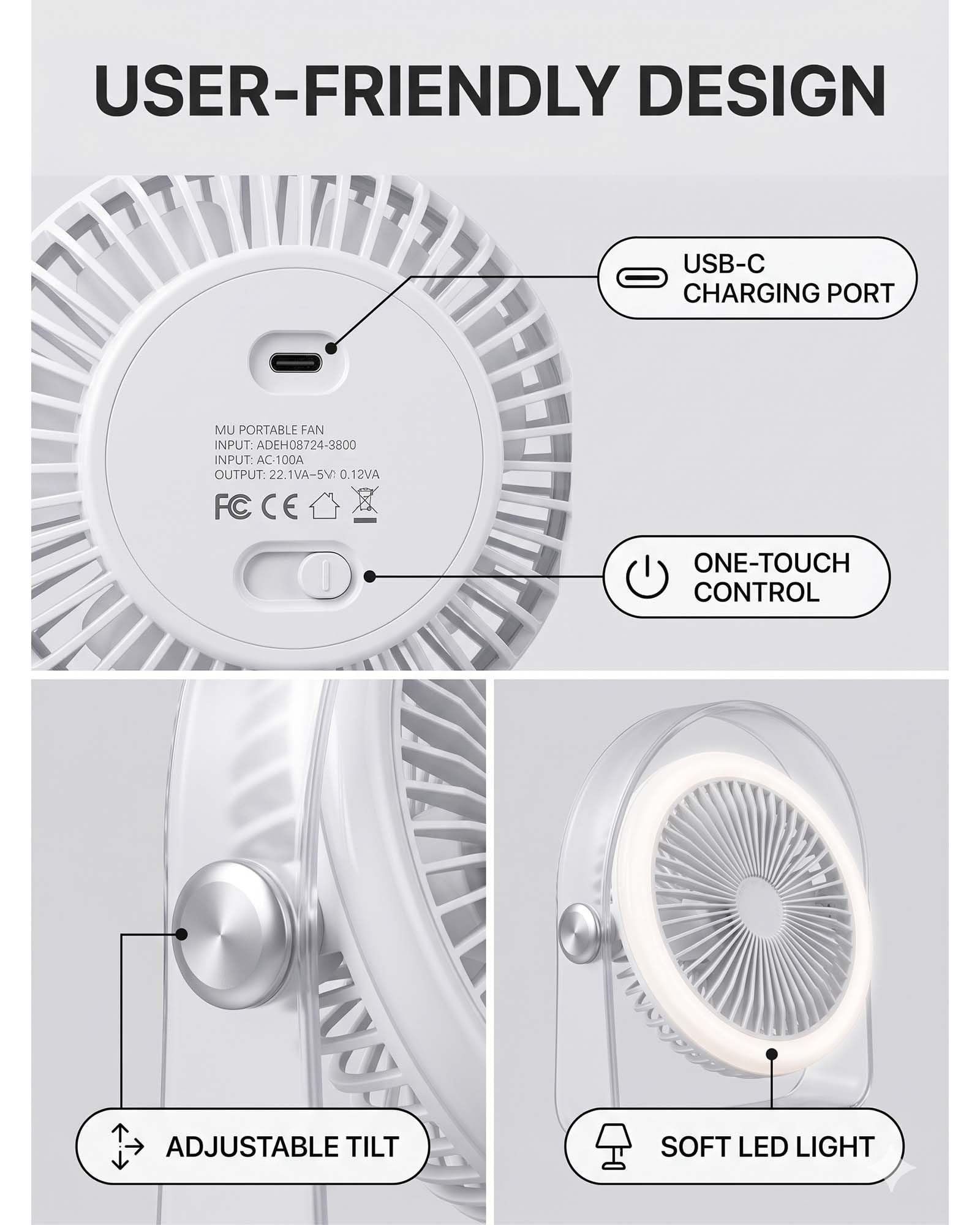 MU LIN Ventilatore da Tavolo Senza Fili con Luce LED, Ventilatore da Tavolo USB Ricaricabile e Silenzioso a 3 Velocità, Inclinazione 360°, Batteria 1200mAh, Ventilatore USB per Ufficio, Casa, Viaggi