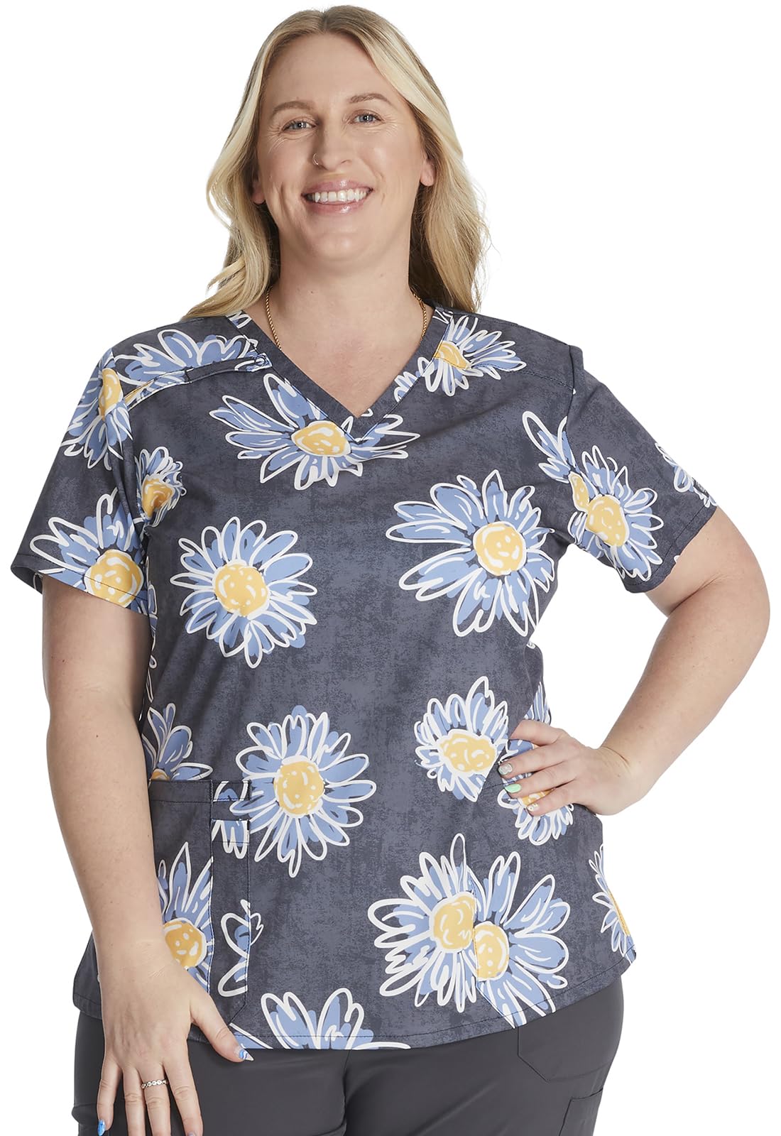 Dickies Damen Scrub Top Bedrucktes V-Ausschnitt Medizinisches Top mit 2 Taschen, Druckknopfverschluss & Instrumentenschlaufen - DK616