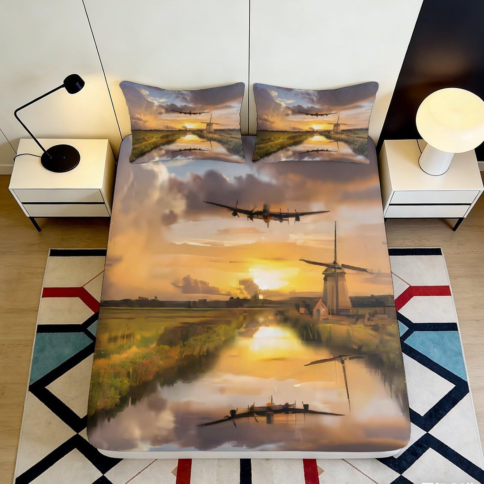 3D Printed Sunset Windmill Fitted Sheet Microfiber Soft Mattress Cover for Bedroom Guest Room Scenic Decor 119 200x200x25cm