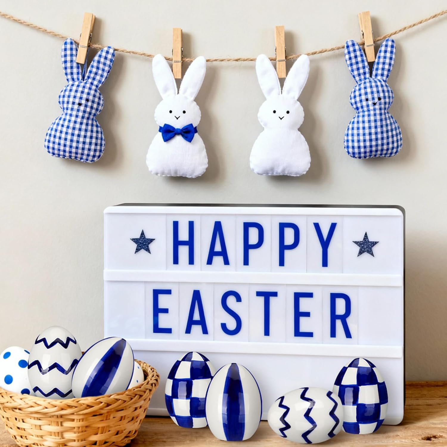 6 Pcs Ceramic Easter Eggs Blue and White Checkered Porcelain Eggs Spring Basket Bowl Filler Rustic Decorative Hanging Ornaments for Easter Home Trays Holiday Party Decorations