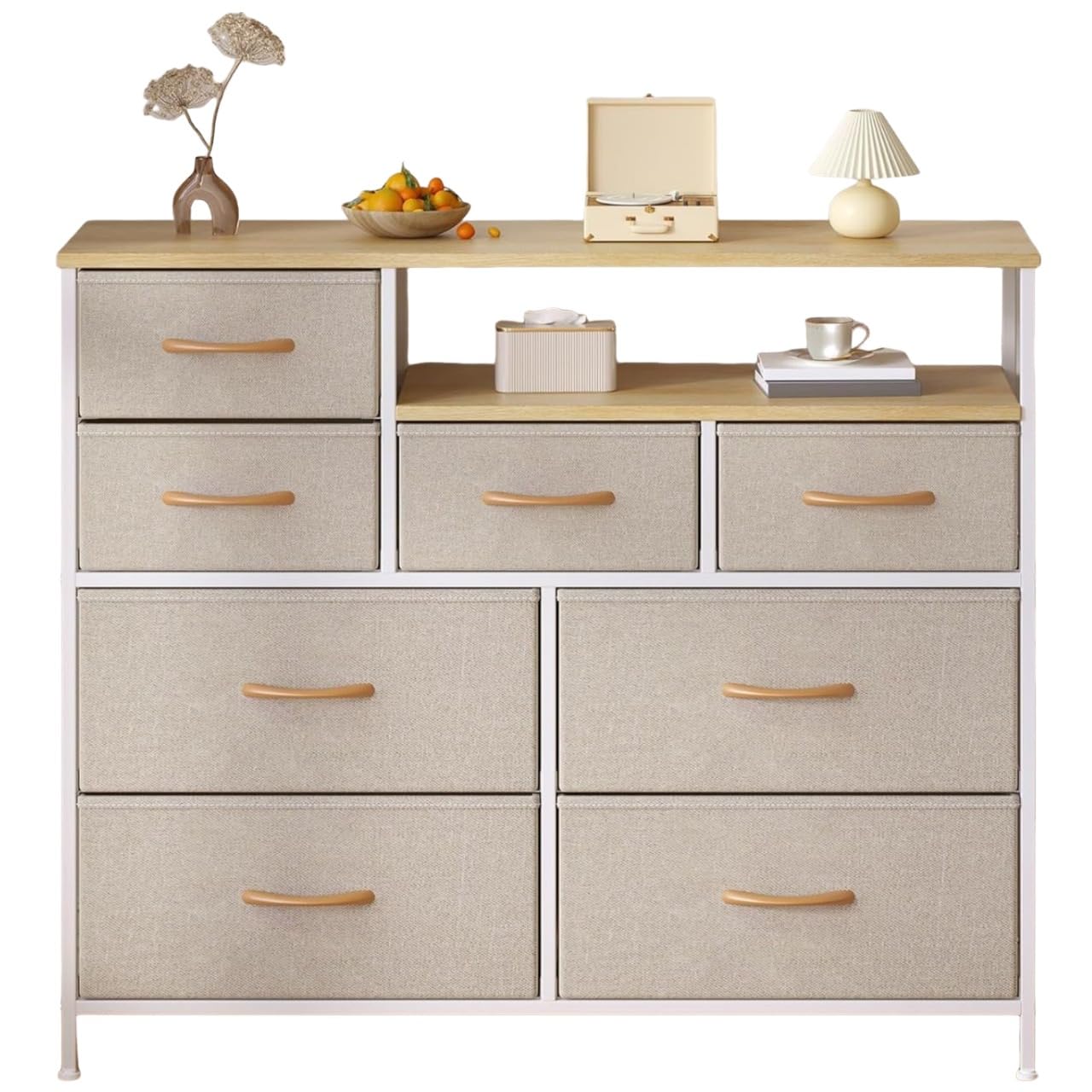 Feonase Chest of Drawers Bedroom, Fabric Dresser with 8 Drawers, Storage Dresser with 2 Layer Shelves, Tall Storage Organizer Unit with Steel Frame, for Bedroom, Living Room, Hallway, Beige