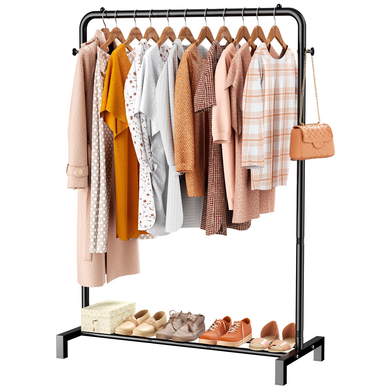 ZHKINGGS Clothes Rail for Bedroom: Portable Clothing Rail with Bottom Shoes Shelf & Hooks, Free Standing Clothes Rack for Closet, Laundry, Shop (Modern Black)