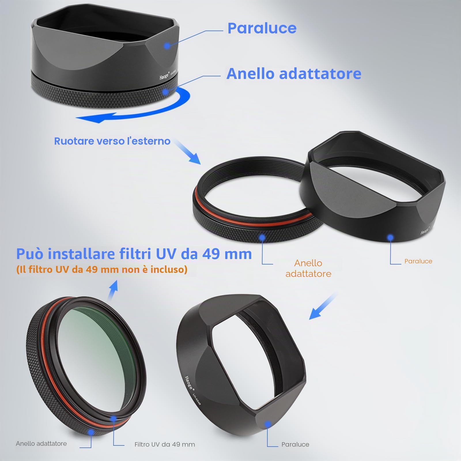 Haoge Paraluce quadrato in metallo per fotocamera Fuji Fujifilm X100VI FinePix X100V X100F X100 X100S X100T X70 nero LH-X54B+Cap-X54B paraluce con tappo e kit anello adattatore da 49 mm