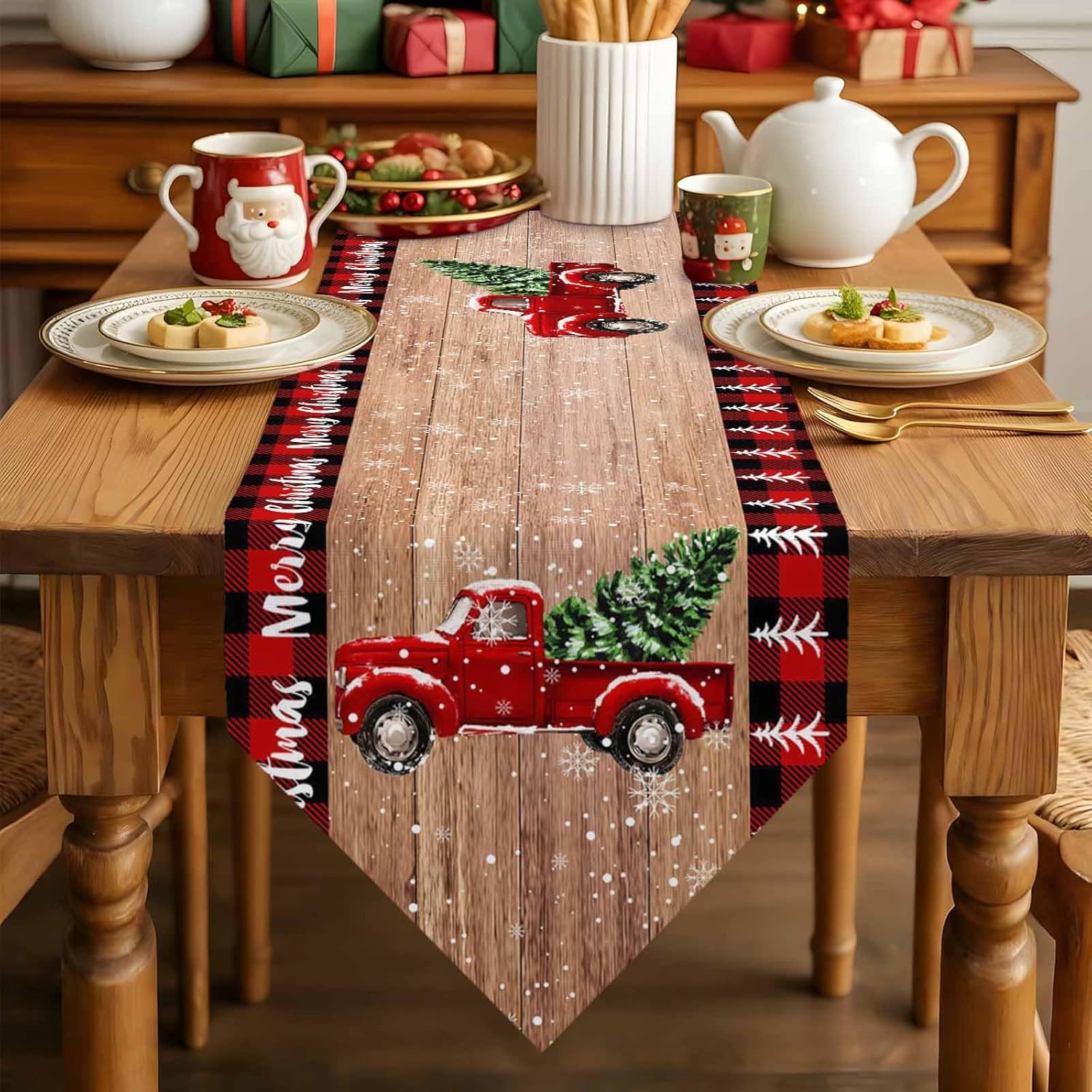 Christmas Table Runner Linen Burlap Dresser Scarves,Retro Red Truck and Christmas Tree Table Runners for Dinner Holiday Party, Christmas Eve, Kitchen Dining Decor Farmhouse Wood Grain 16x72in