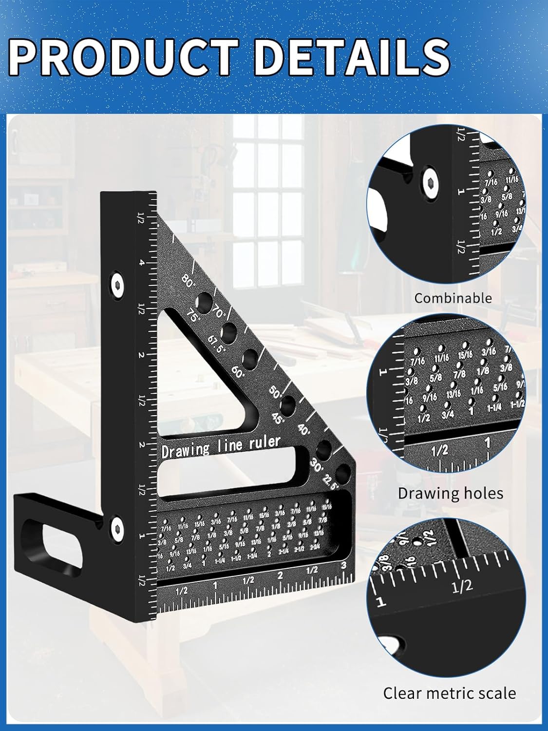 3D Multi-Angle Carpenter Square Aluminum Alloy Multi Hole Scribing Ruler High Precision Woodworking Tools for Engineer Carpenter Crafting (Black)