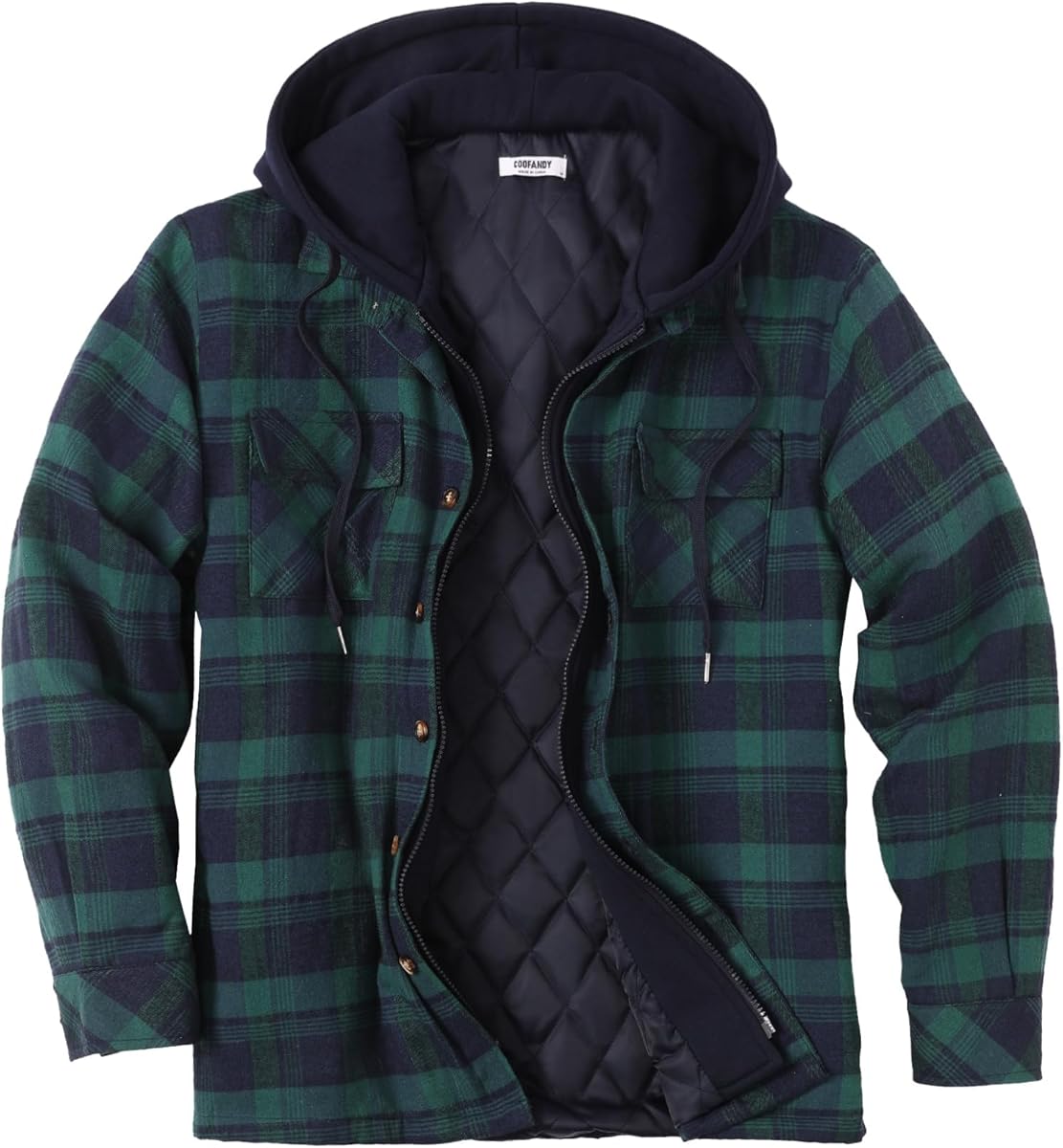 COOFANDY Men's Flannel Shirt Jacket Warm Quilted Lined Hooded Long Sleeve Plaid Shirt Jackets