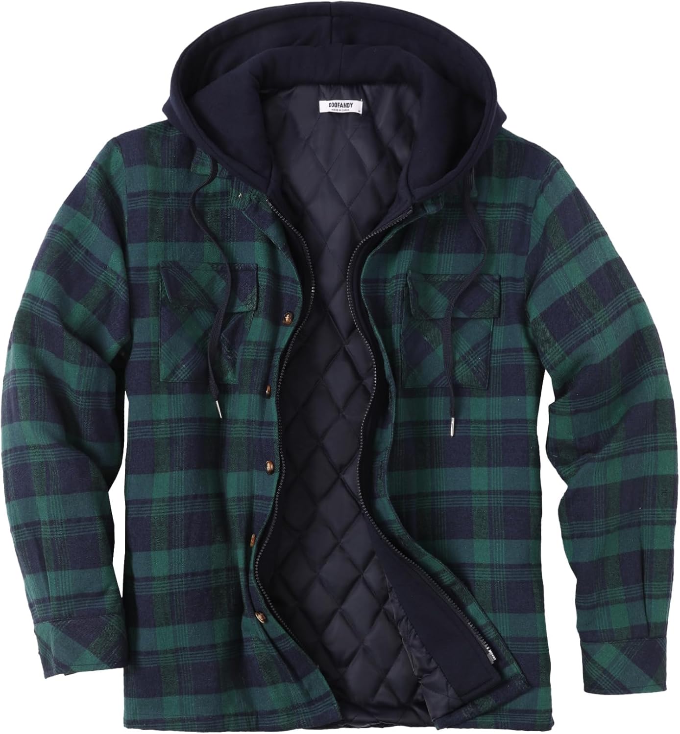 COOFANDY Men's Flannel Shirt Jacket Warm Quilted Lined Hooded Long Sleeve Plaid Shirt Jackets