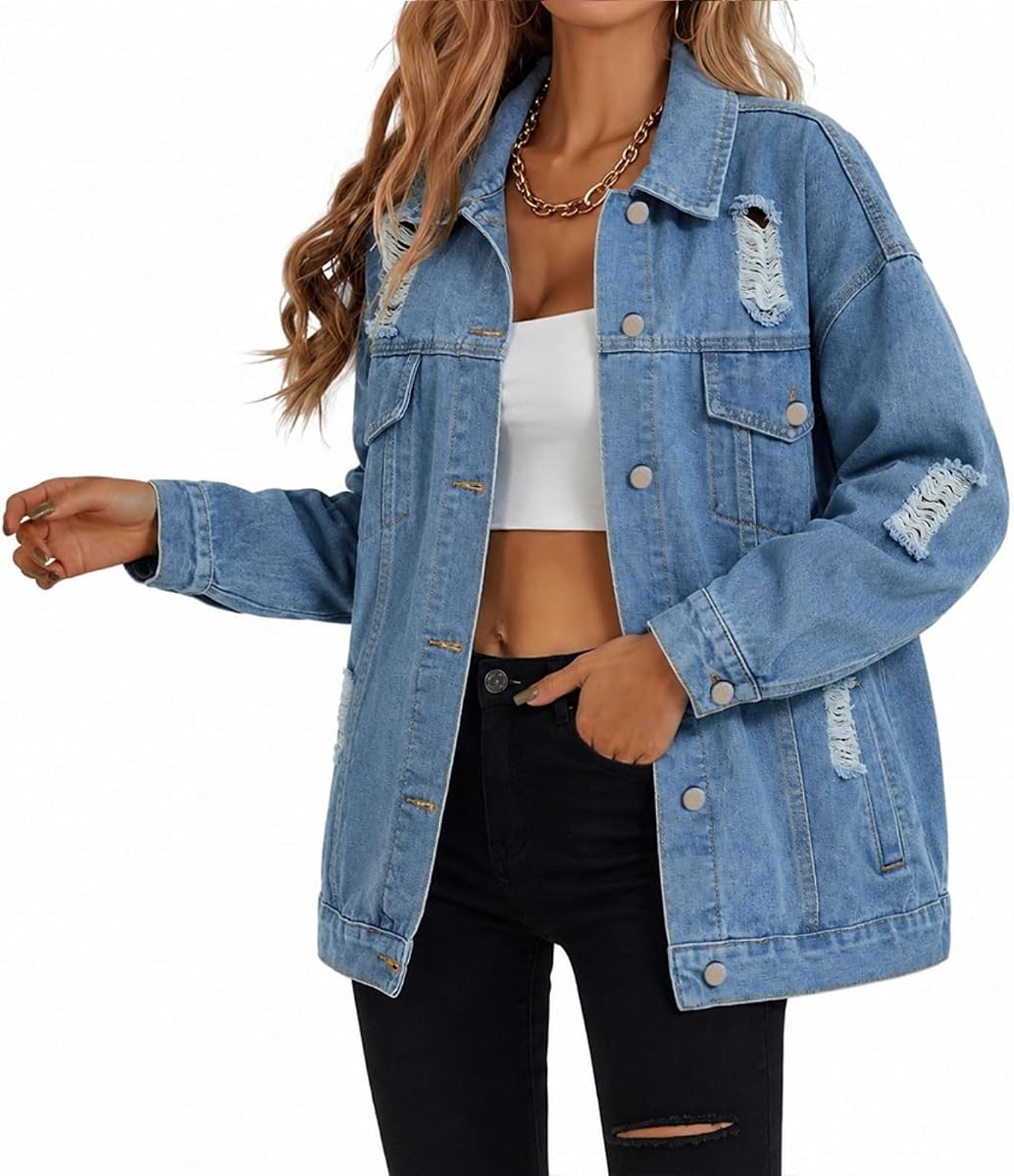 Oversized Denim Jacket for Women Distressed Jean Jacket Long Sleeve Boyfriend Ripped Jackets Coats Casual Winter Fall