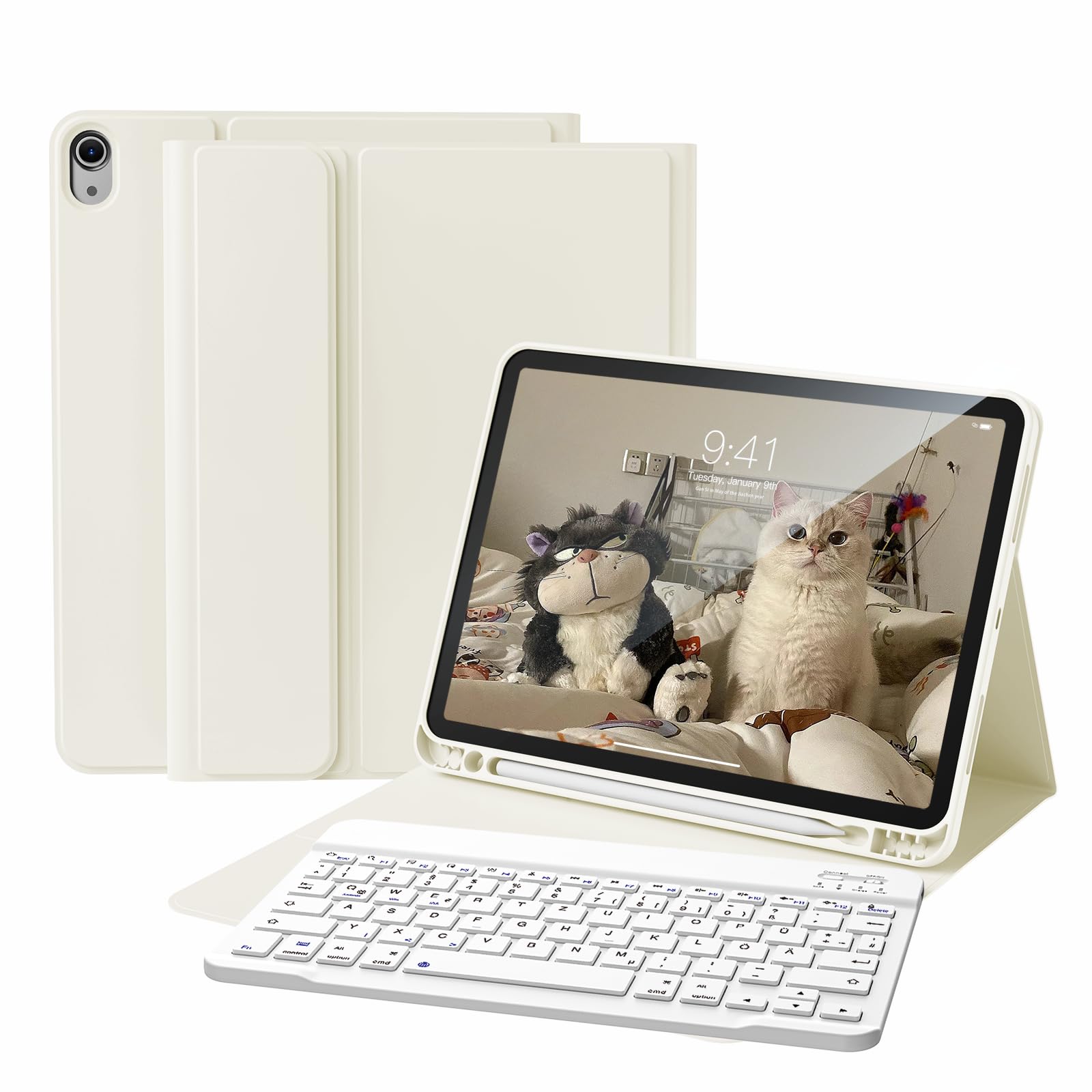 KVTVOU Hülle mit Tastatur für iPad A16 11. Generation 2025, für iPad 10. Generation 2022 10,9 Zoll, Bluetooth Abnehmbarer QWERTZ Tastatur, Weiche Stoßfeste TPU Hülle, Cremeweiß