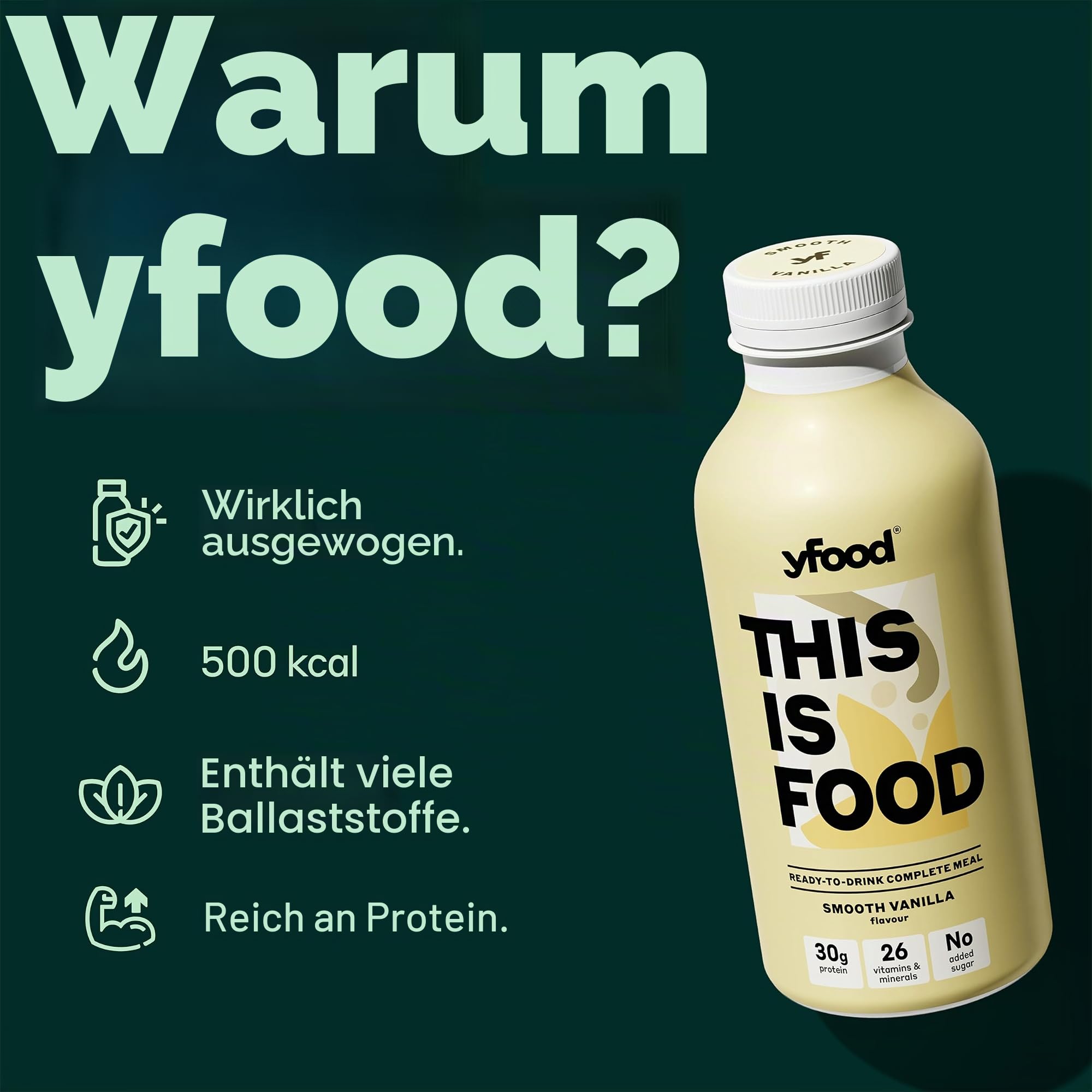 YFood Astronautennahrung Vanille | Laktose- und glutenfreier Nahrungsersatz | 34g Protein, 26 Vitamine & Mineralstoffe | 25% des Kalorienbedarfs | Trinkmahlzeit, 12 x 500 ml (1 kcal/ml)