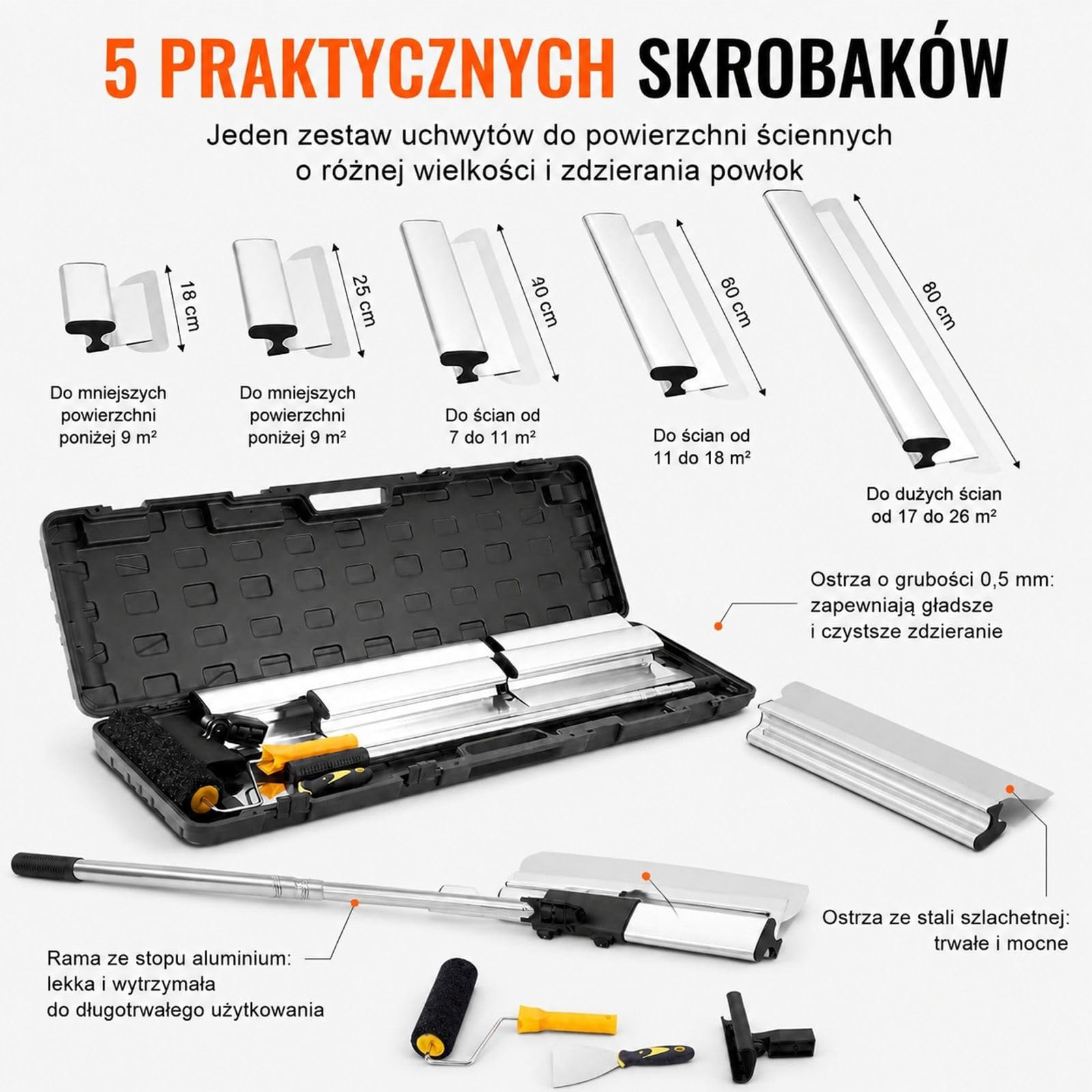 Zestaw do szpachlowania płyt gipsowo-kartonowych z pięcioma ostrzami ze stali nierdzewnej, przedłużanym uchwytem, regulacją kąta i walizką