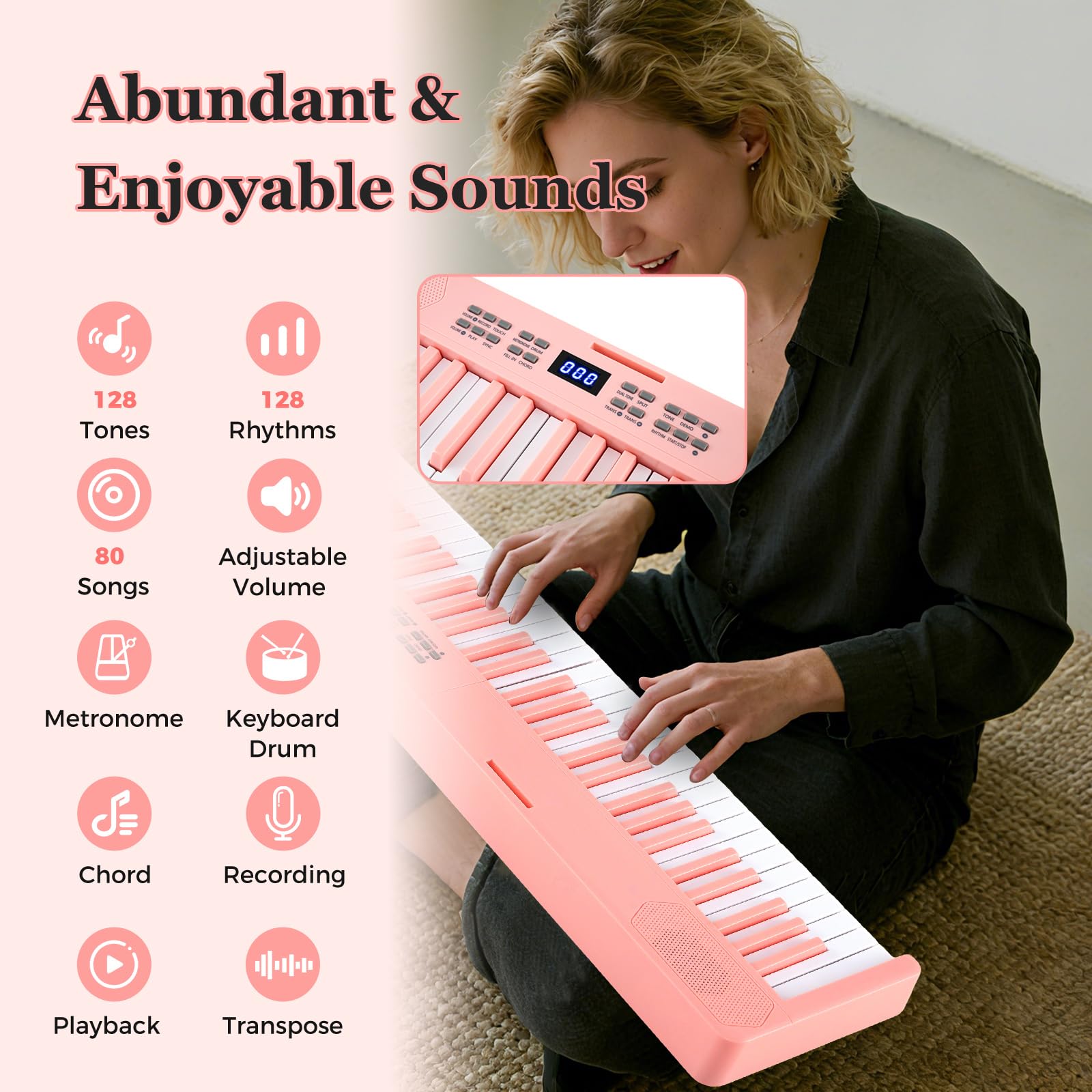 KOMFOTTEU Piano digital plegable con 61 teclas, piano con auriculares, pedal, atril y piano digital con 128 sonidos y ritmos, teclado de piano con funda (rosa)