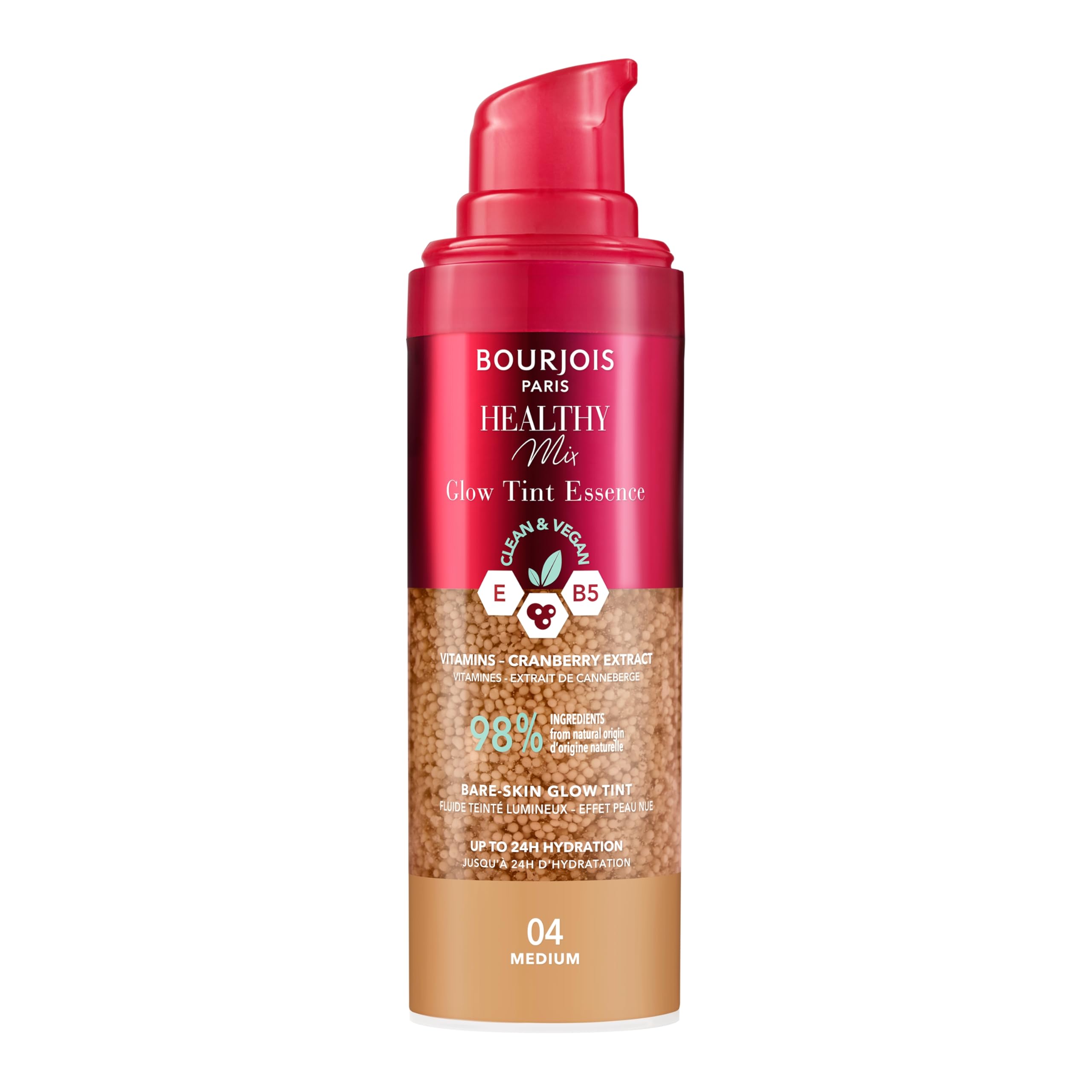 Bourjois Healthy Mix, 04 Medium, Glow Tint Essence, Efekt gołej skóry, błyszczące wykończenie, przyciemniający nawilżacz o świeżej i lekkiej konsystencji, czysta wegańska formuła, 30 ml