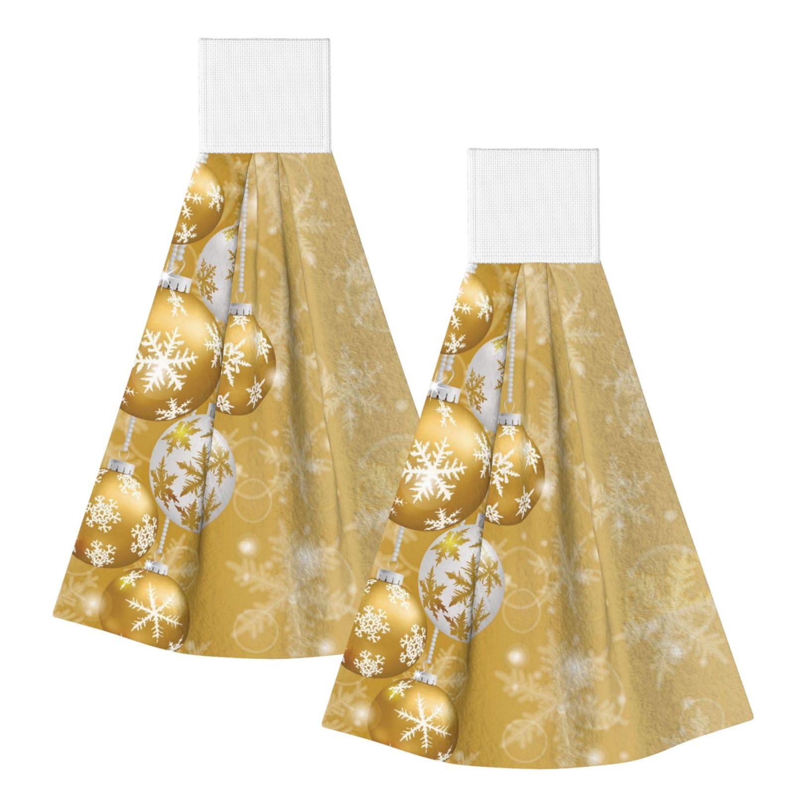 DOPKLNA Gold Christmas Ball Snowflake Xmas, 2 Pcs Hanging Coral Fiber Hand Towels for Bathroom, Absorbent Kitchen Towels