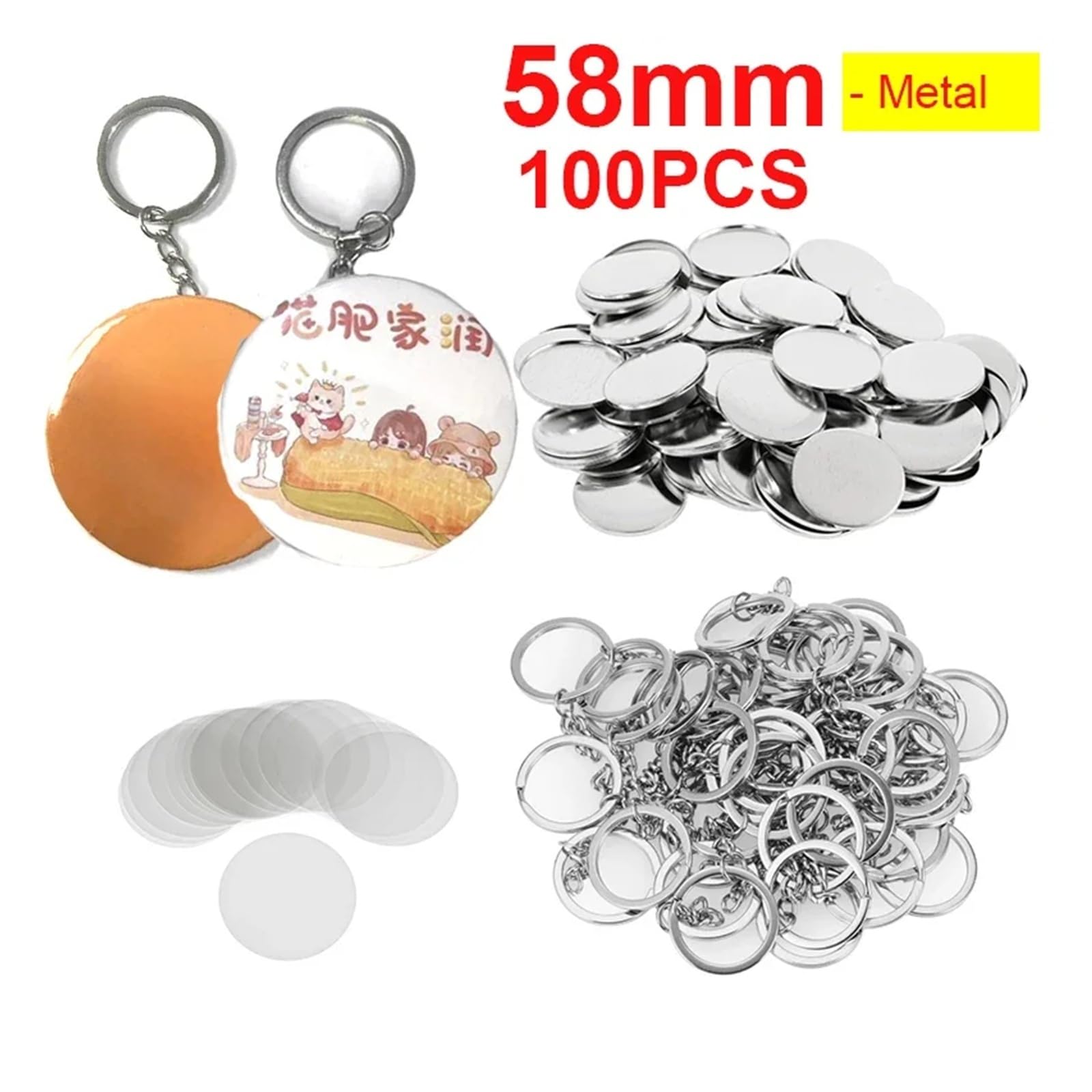 100 STÜCKE 44 MM 58 MM Kunststoff Metall Schlüsselanhänger Abzeichen Pin Button Maker Teile Blank Runde Abzeichen Liefert Kompatibel(58MM Metal -100PCS)