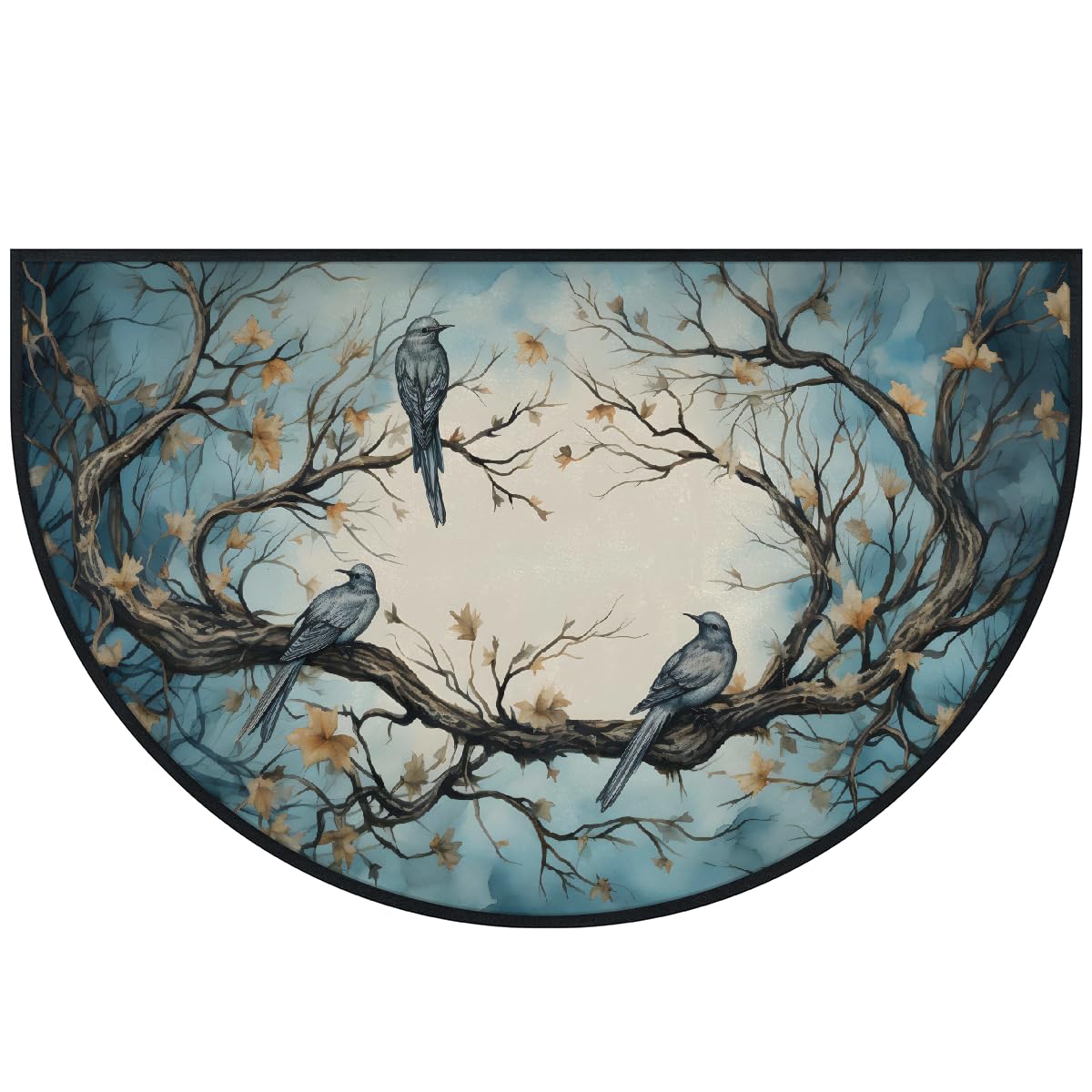 Mexpekil Paillasson demi-rond antidérapant lavable en demi-lune avec motif de branches d'arbre et d'oiseaux, pour intérieur et extérieur, 100 x 160 cm