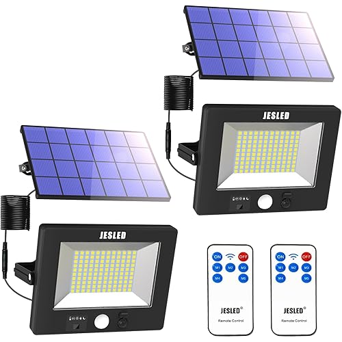 JESLED Solar Lights Outdoor Waterproof, 120LEDs Super Bright Integrated/Split Solar Flood Lights Outdoor Motion Sensor, 5 Modes, Solar Powered Rechargeable Solar Wall Lights Dusk to Dawn(2 Pack)