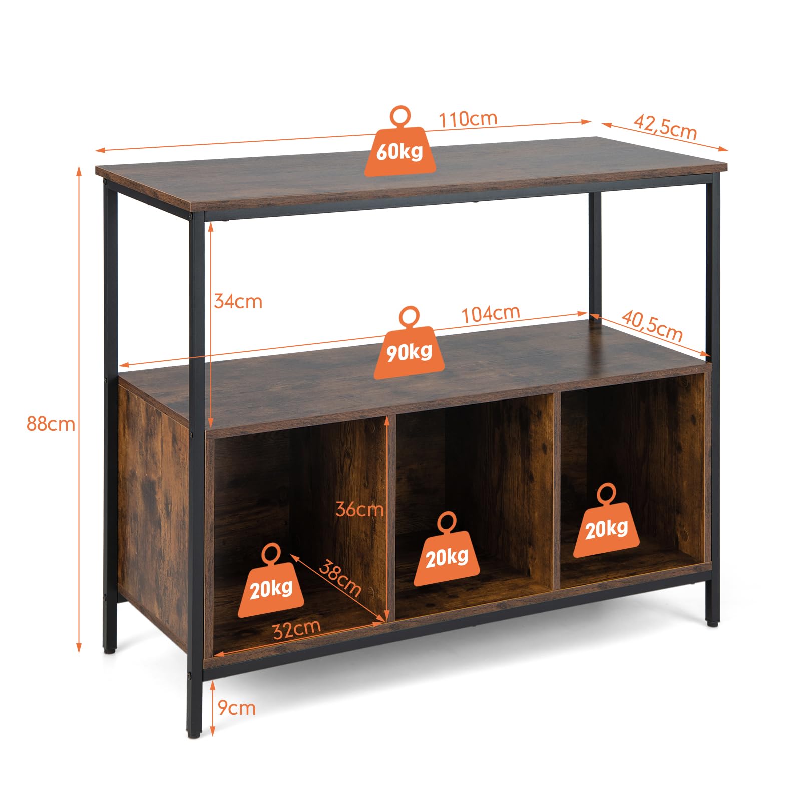 COSTWAY Dressoir, keukenkast met 3 haken, commode met 2 deuren, open vakken, verstelbare planken, opbergkast voor keuken, eetkamer, woonkamer, industriële stijl 84 x 35 x 80 cm vintage bruin zwart