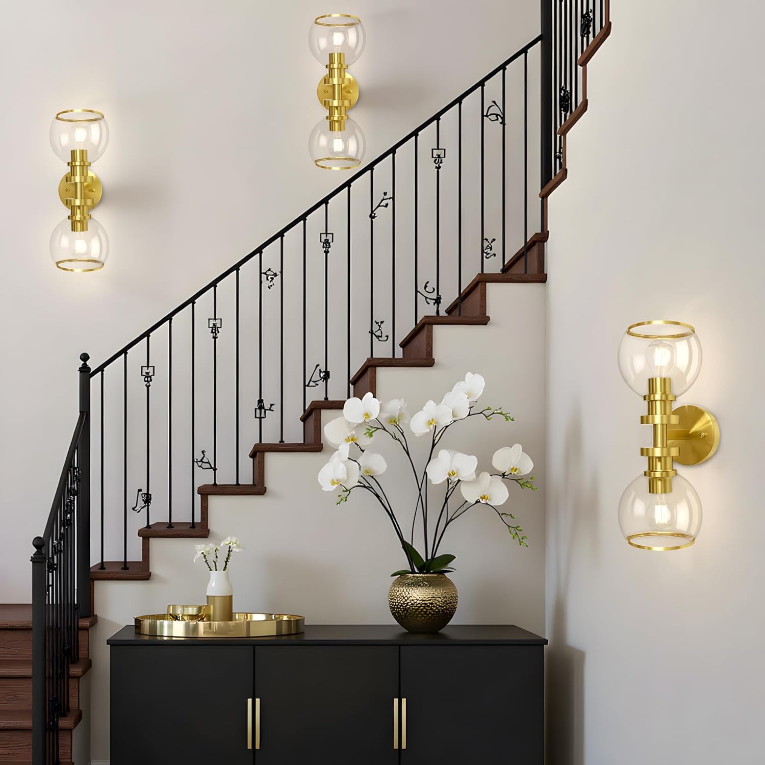 Bathroom Sconces Set of Two, Brushed Gold Wall Sconces with Clear Glass, Hardwired Modern Sconces Wall Decor Set of 2, Wall Light Fixtures for Bathroom Living Room Mirror Hallway Bedroom